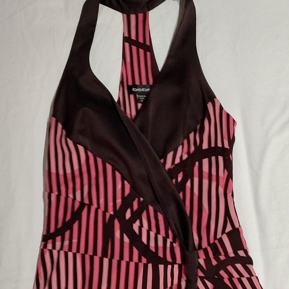 Y2K Bebe Brown Pink Silk Handkerchief Hem T-Back Party Dress Medium