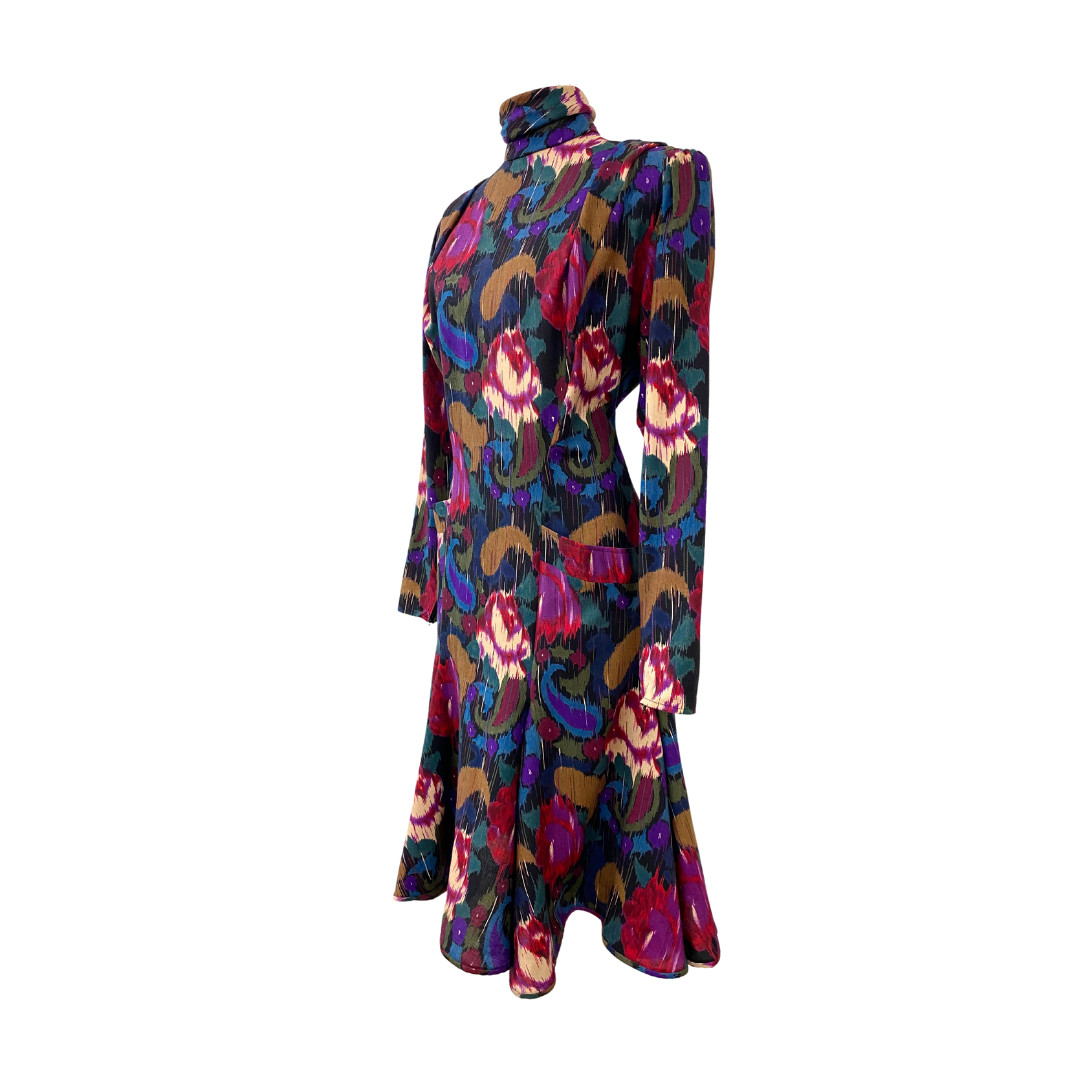 Vtg 80s Parisian Designer Emanuel Ungaro Abstract Paisley Print Floral Dress