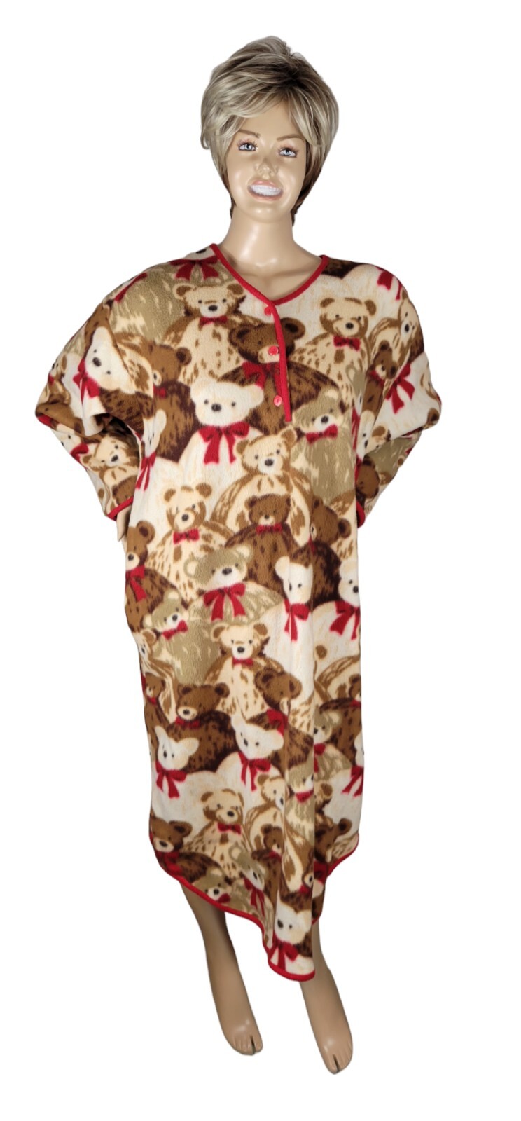 Vintage Stan Herman Long Sleeve Plush Fleece Teddy Bear Bows Robe Nightgown 2XL