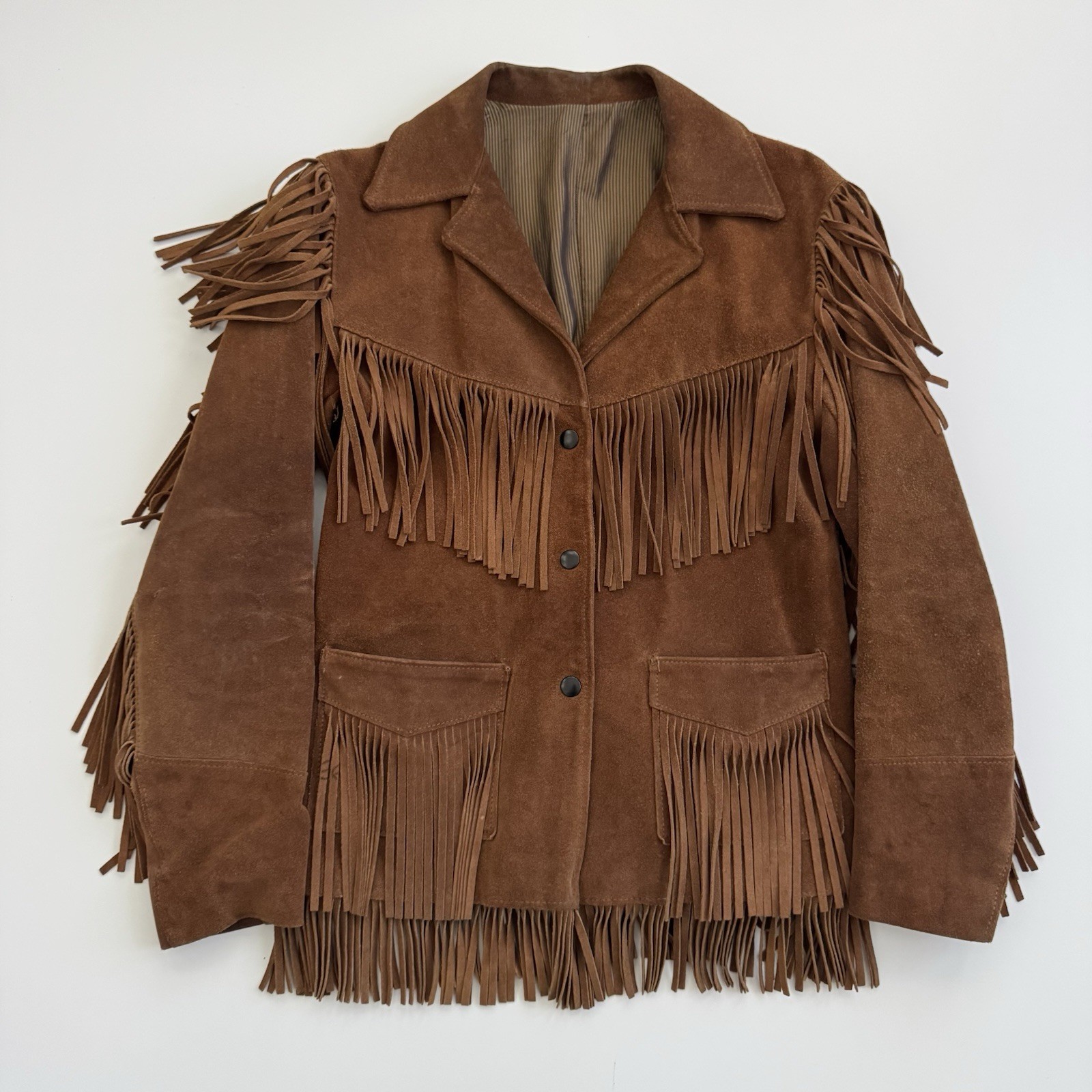 VTG 70s Jo-Kay Suede Leather Jacket Brown Western Fringe – Women&rsquo;s S? 23x 17.5