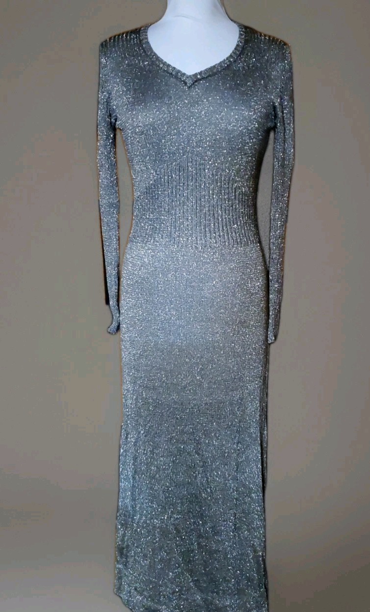 Vint 70&rsquo;s Studio 54 SILVERY METALLIC LUREX Knit V NECK Maxi Dress M HONG KONG