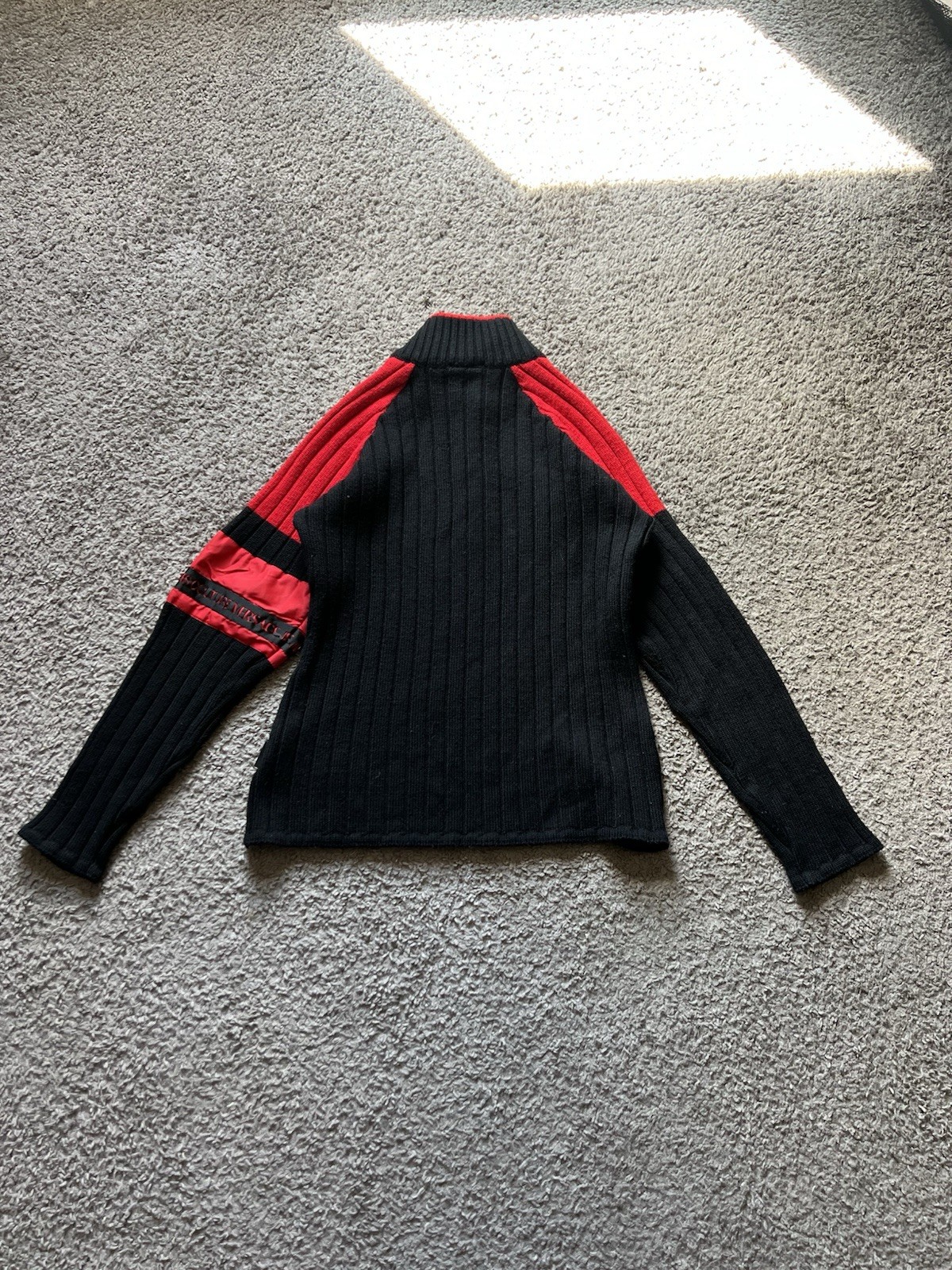 Vintage Versace Sweater Medium Knit Red Black High Neck Ribbed Couture Y2K 90s