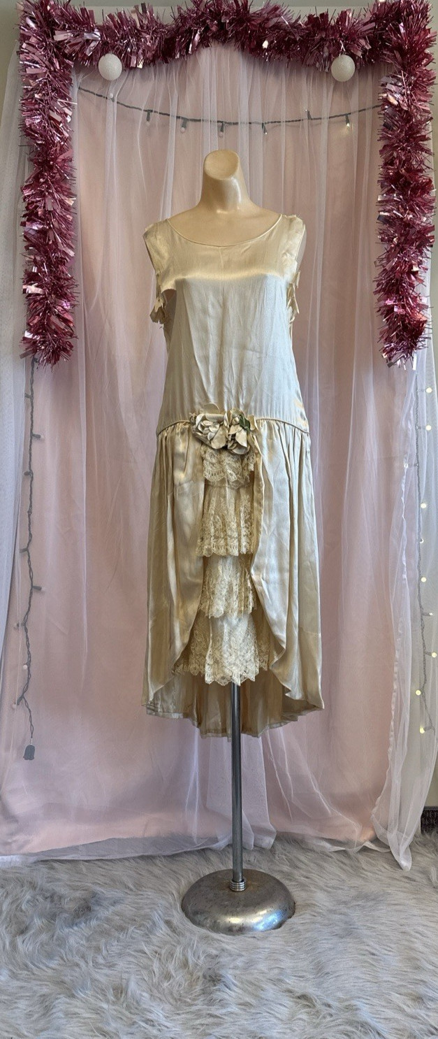 Vintage Antique 20s Flapper Wedding Dress Ivory Lace Drop Waist As Is S