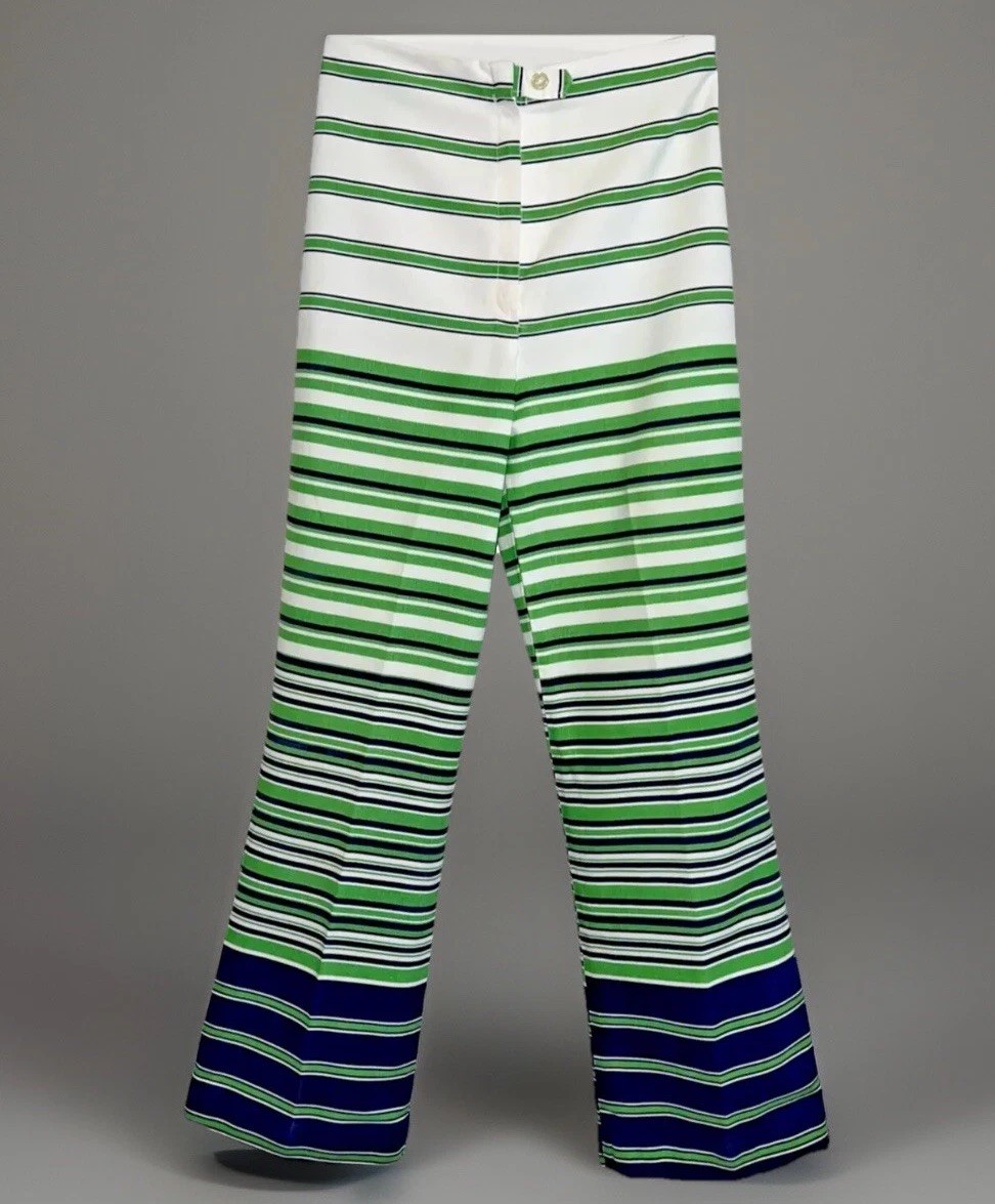 VTG Nautical Pants Groovy Stripes White Green Blue – Flared – 24 x 26.5 – Sz XS