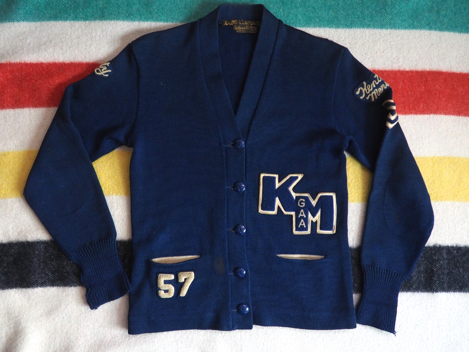 VTG 50s Octonek Seattle Navy Blue Button Wool Varsity Letterman Sweater Womens S