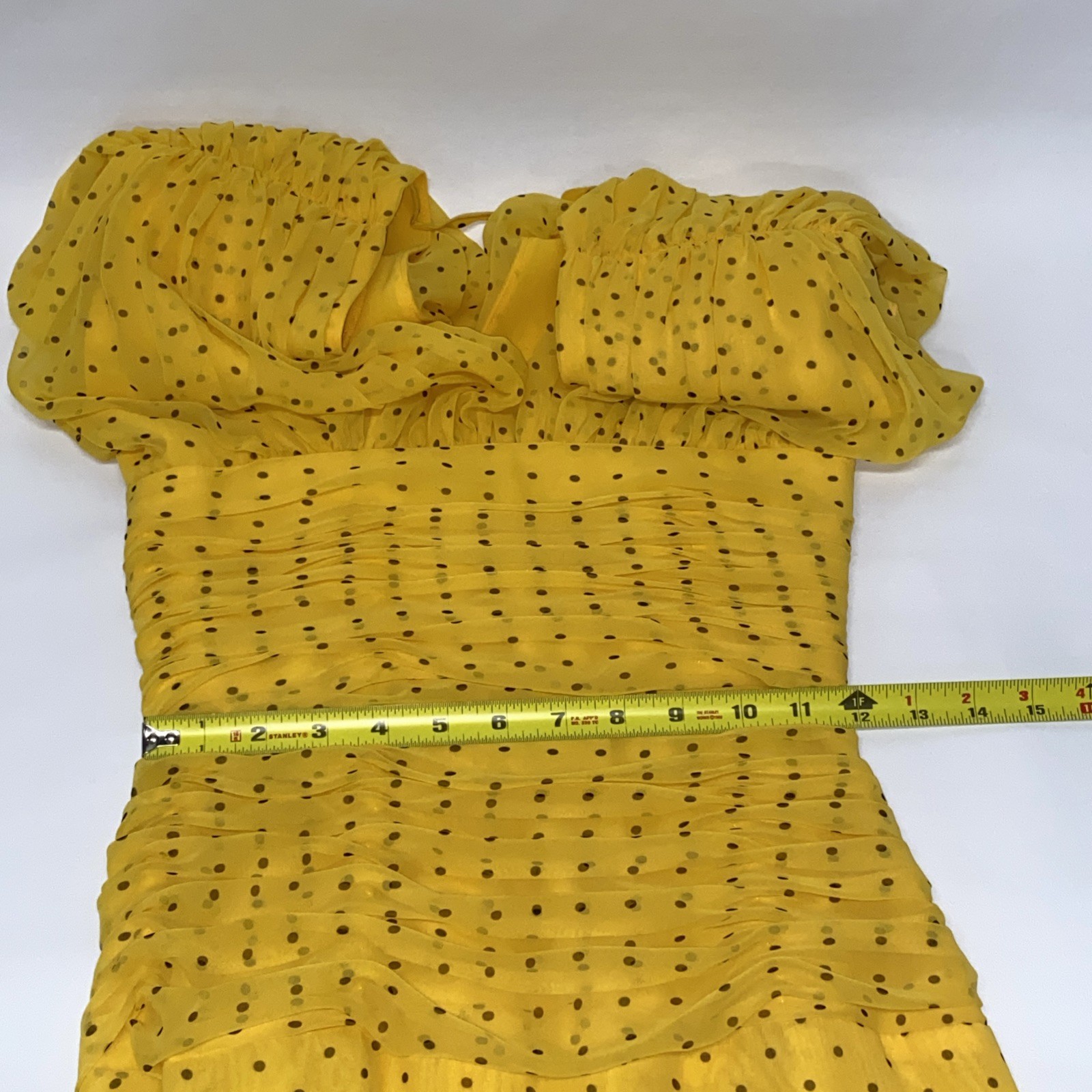 WAYNE CLARK Vtg 80s Yellow Brown Polka Dot Chiffon Draped Dress Floaty Scarf W30