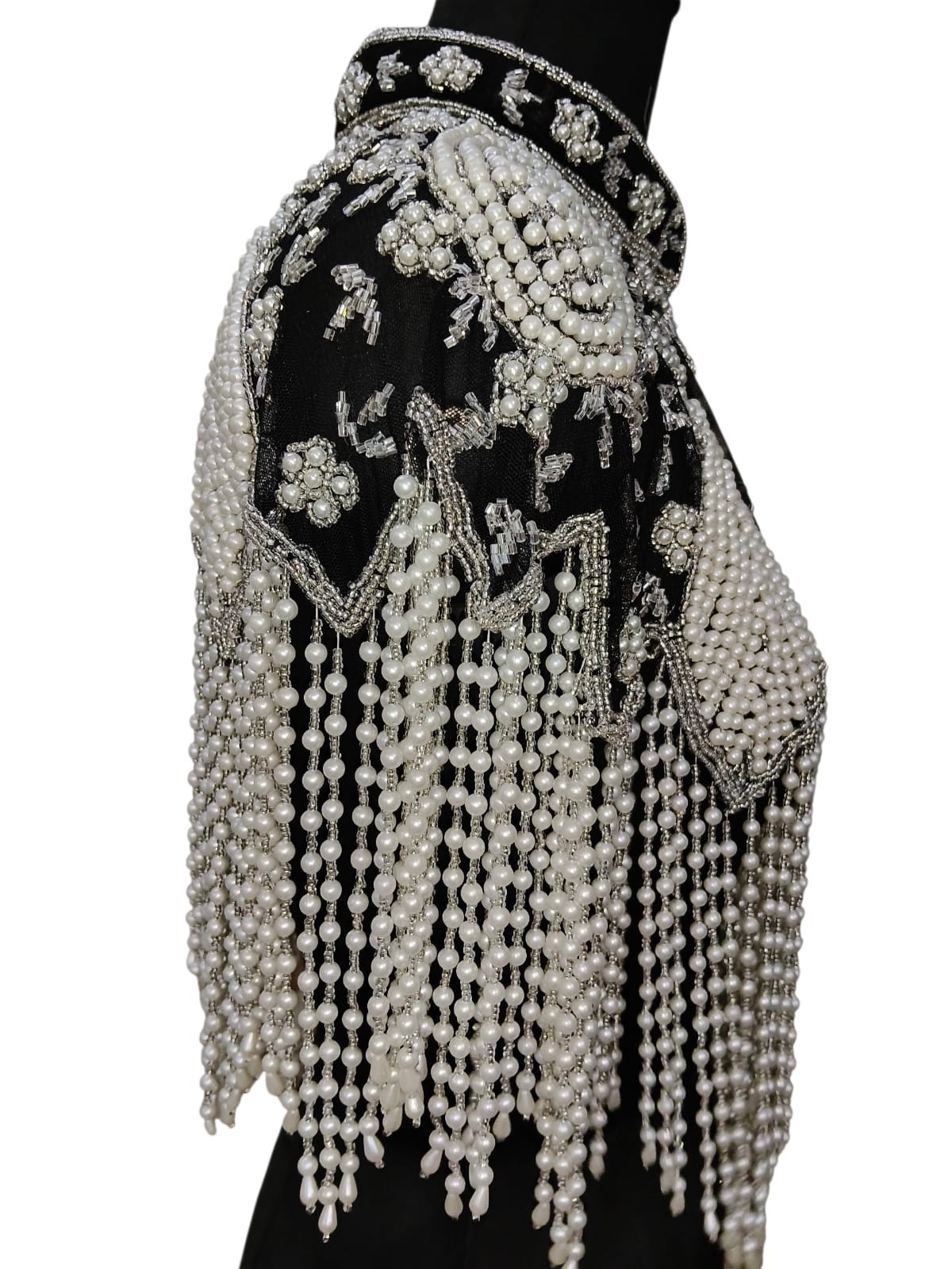Black Beaded Capelet Bridal VTG Shawl Stole Shrug Fringe Wedding Women