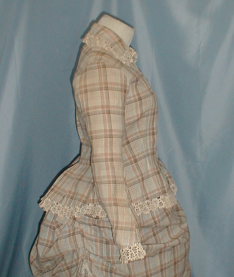 Charming Antique 3 Piece Bustle Dress Victorian 1870 Beige Plaid Cotton