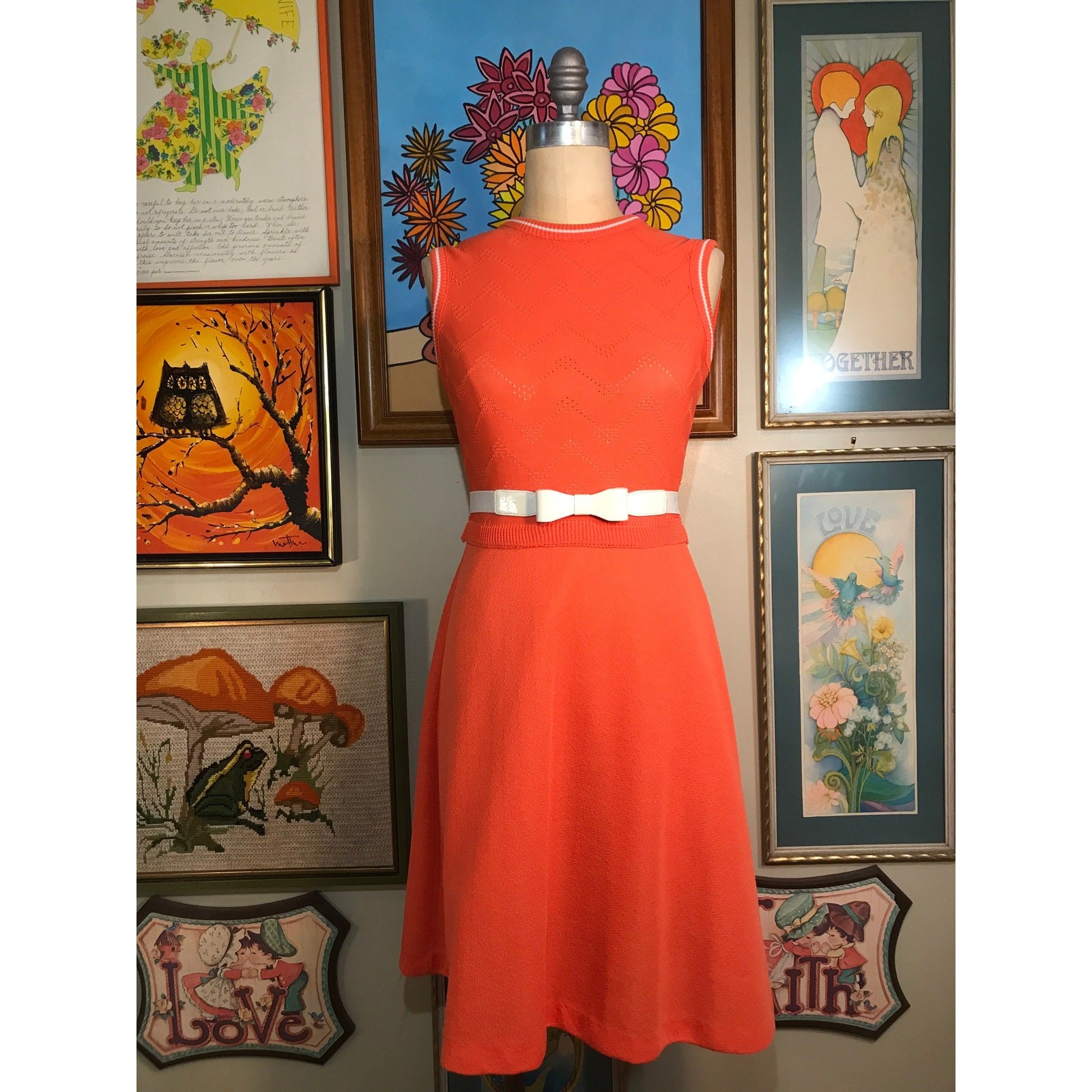 1970s Judy Wa 2 Piece Dress Orange Polyester Knit Jacket Set Mod
