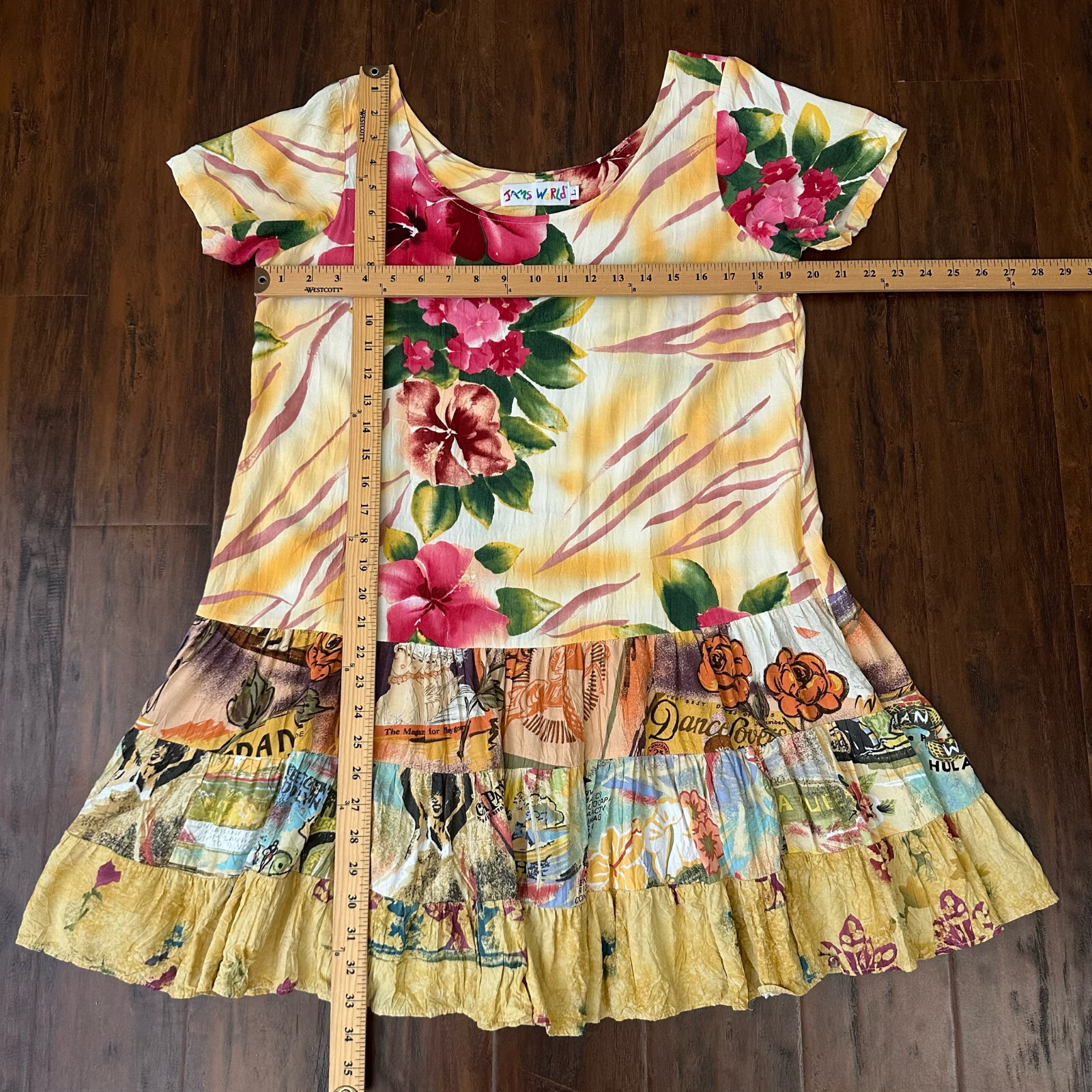 VTG JAMS WORLD Midi Dress Womens Sz L Bright Floral Tiered Hawaiian Tropical 90s