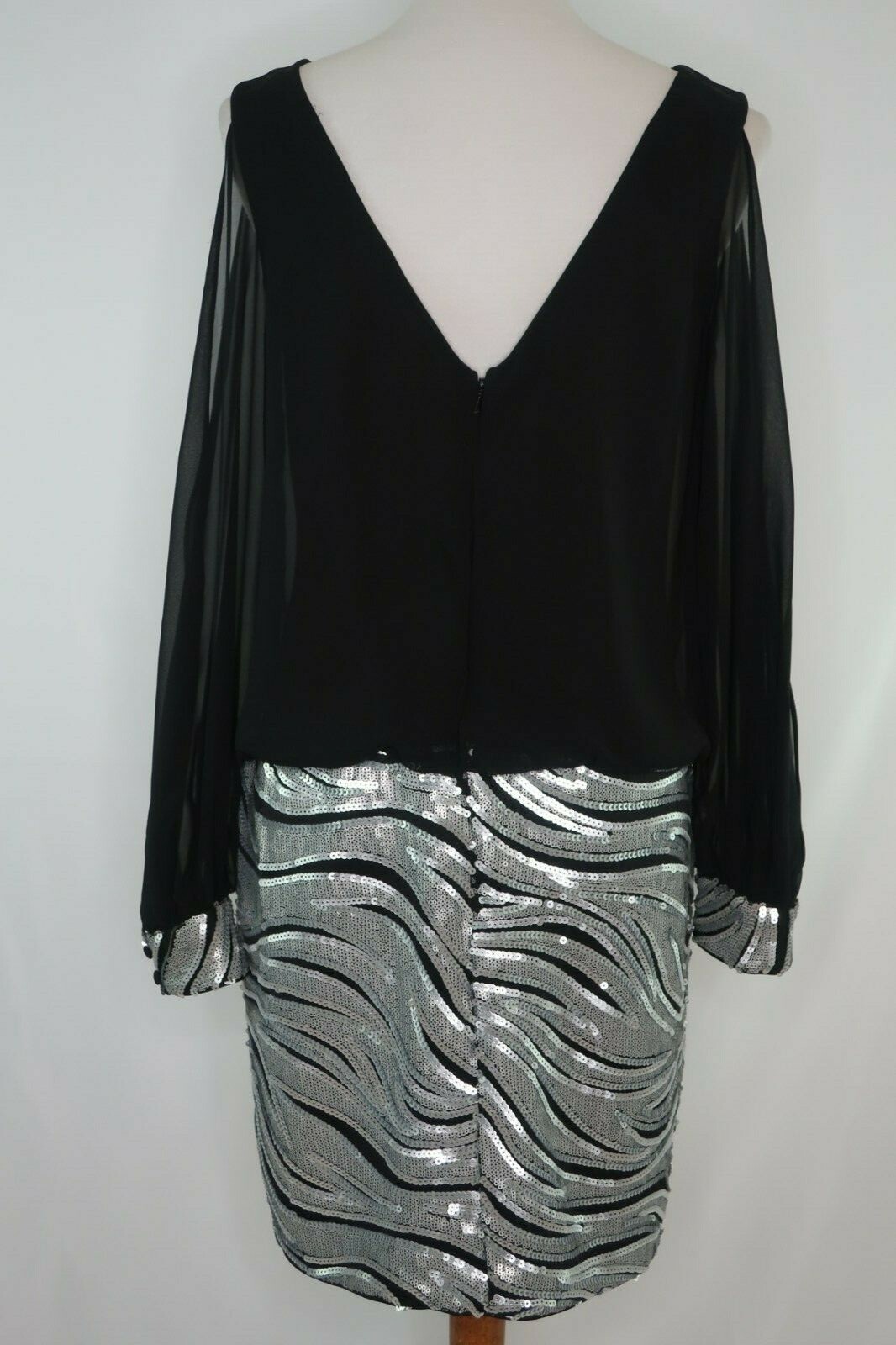 Cache Black Silver Sequin Evening Party Cocktail Dress Sheer Open Sleeve Size 10