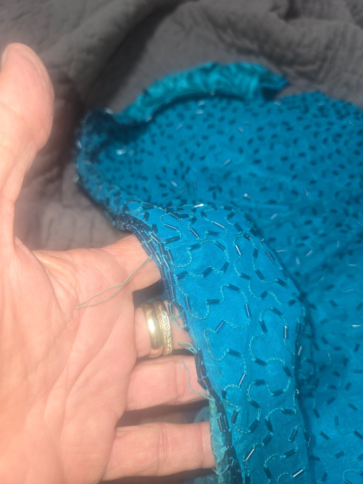 Vintage VINNIE Long Green, Teal, Silk Beaded Dress size XL