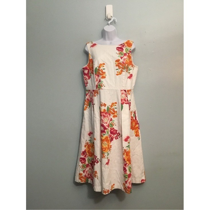 New York & Company Vintage Floral A-Line Midi Dress Pink Orange Size 14