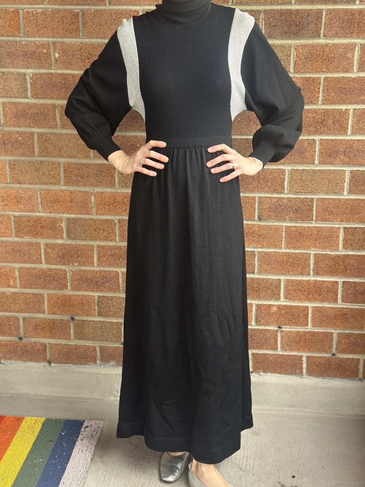 Vtg 70s Roncelli Black Knit Maxi Dress Ribbed Bodice Silver Hong Kong
