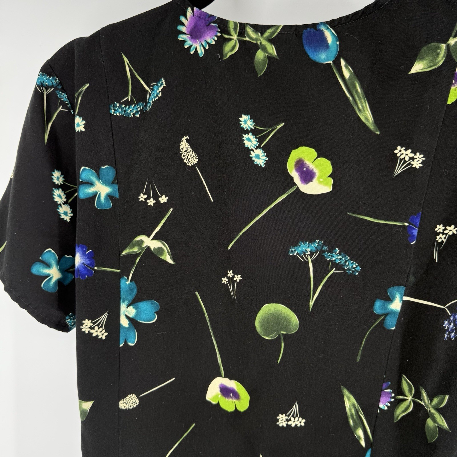 Vintage 90s Basic Editions Black Wrap Dress with Floral and Fruit Print Size 12