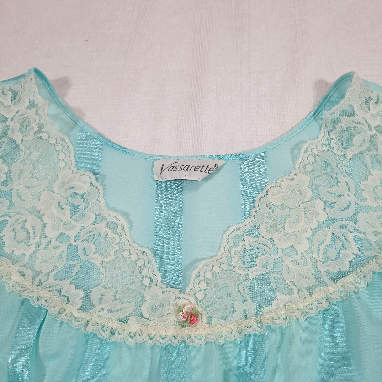Vassarette Vtg Midi Satin Nightgown L Blue Monochrome Stripe Lace Cap Sleeve Fem