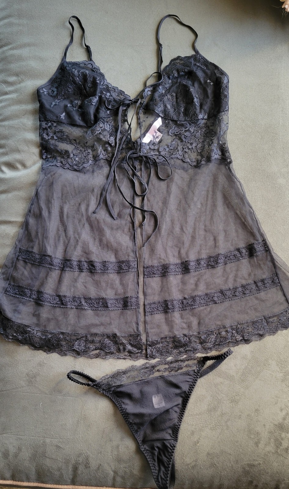 NWOT Vintage Victoria&rsquo;s Secret Black Sheer Teddy & Thong Panties Set Size Small