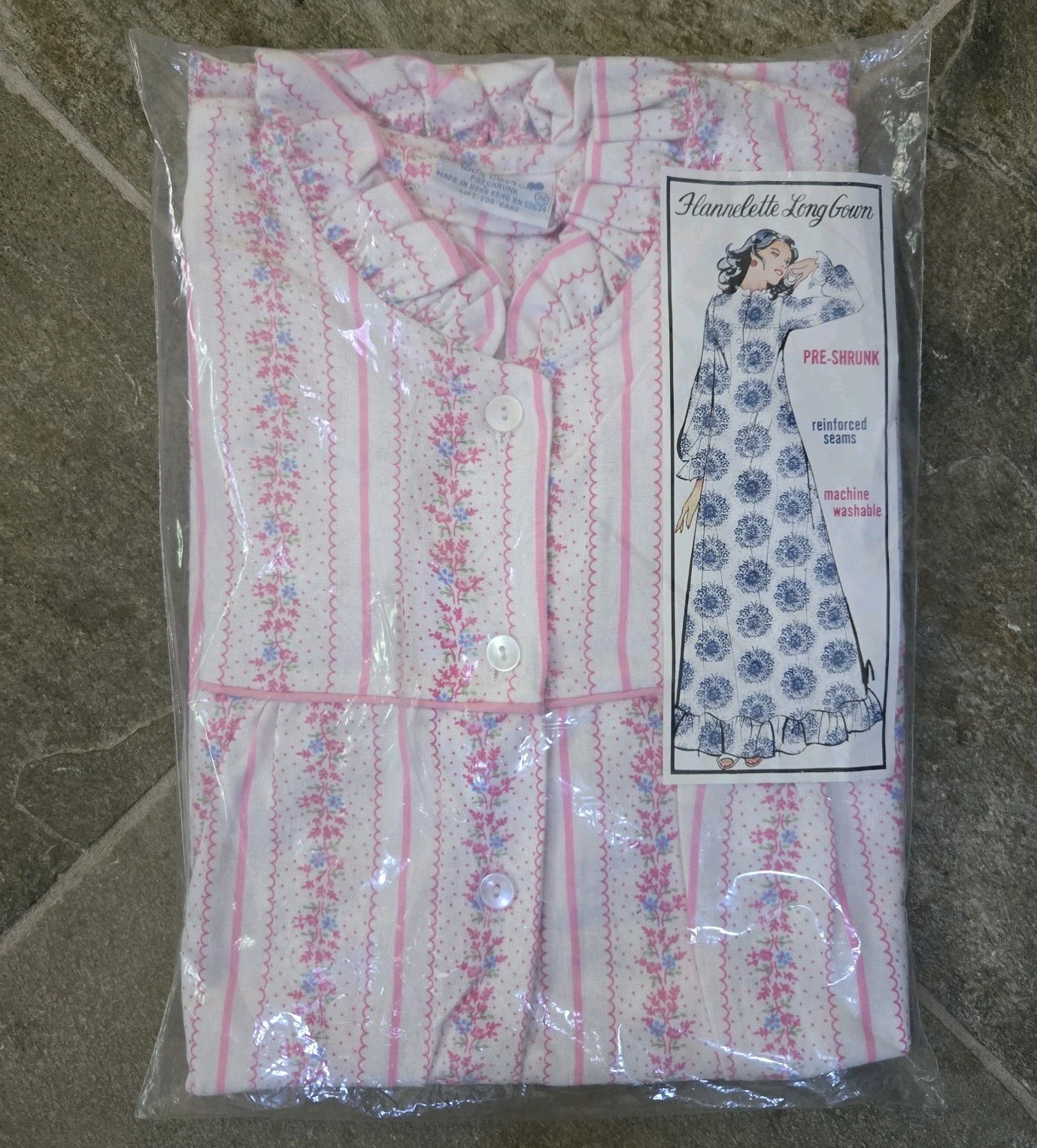 1970s Vintage Flannelette Long Gown NOS 100% COTTON Flannel SIZE 36 Nightgown