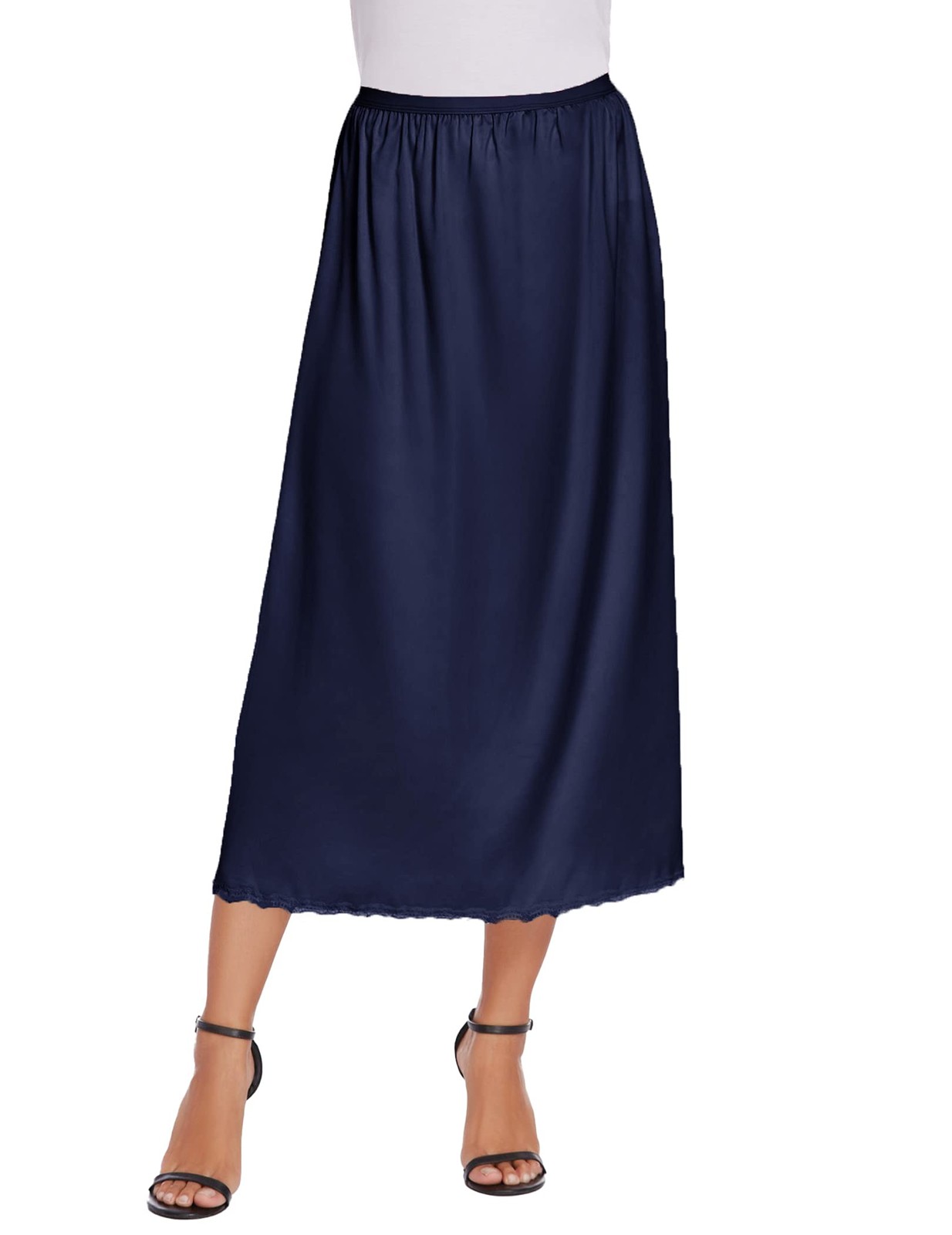 Women&rsquo;s Satin Half Slip Lace Long Underskirt Navy Blue Large