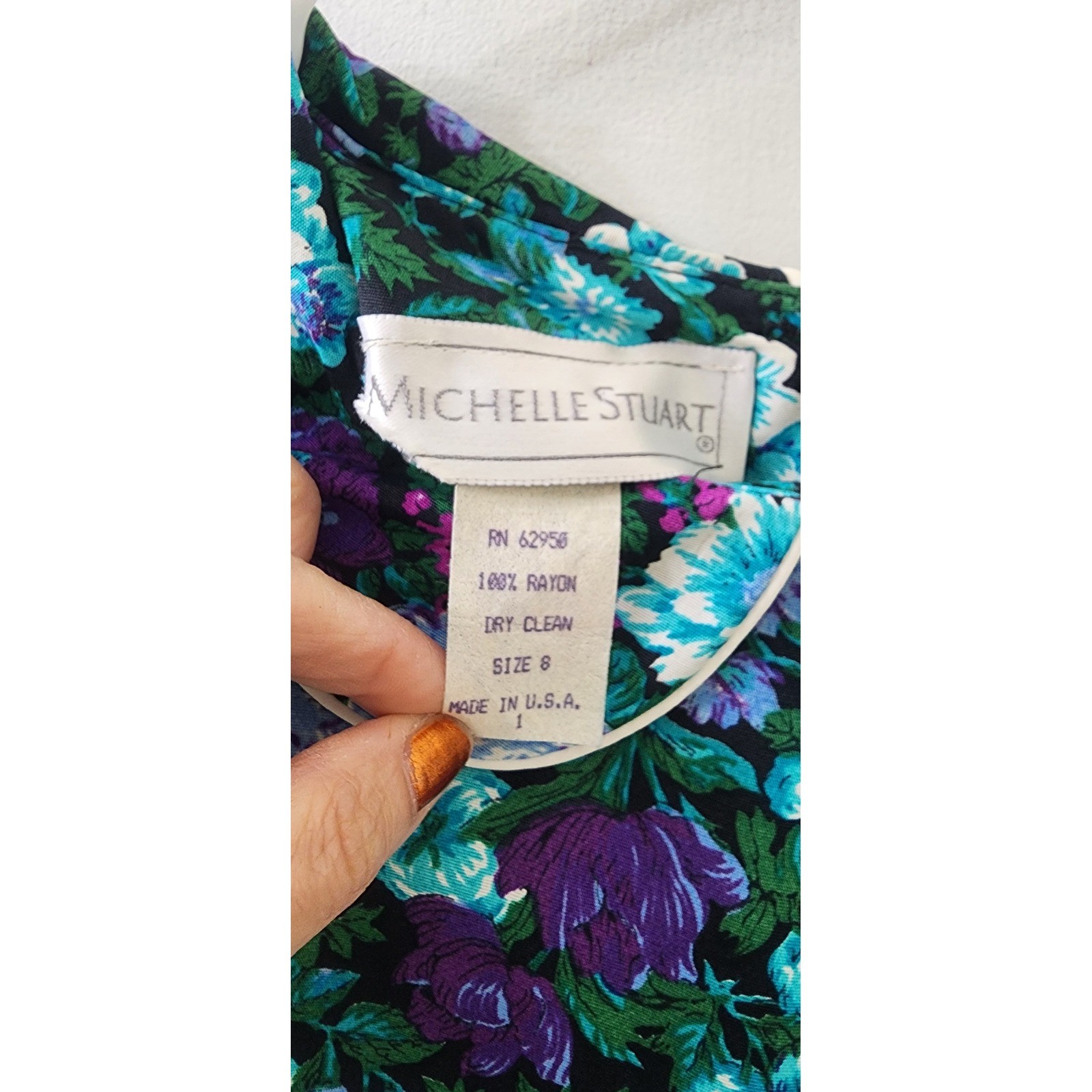 Michelle Stuart Vintage Floral Midi Dress Teal Purple Rayon Belted Size 8 USA