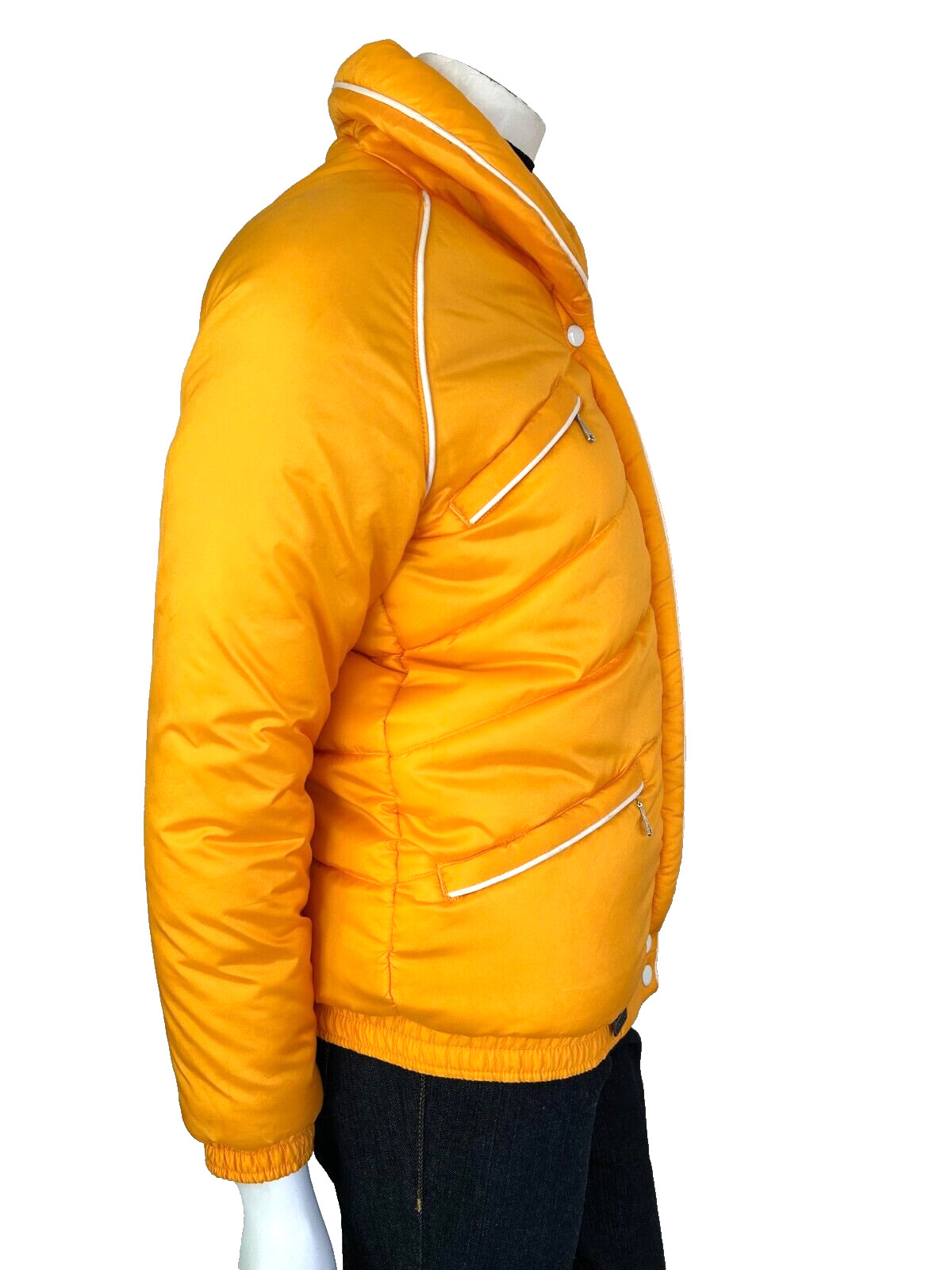 70s Speedo Puffer Jacket Size Small Zip Shawl Collar Pockets Long Sleeve Orange