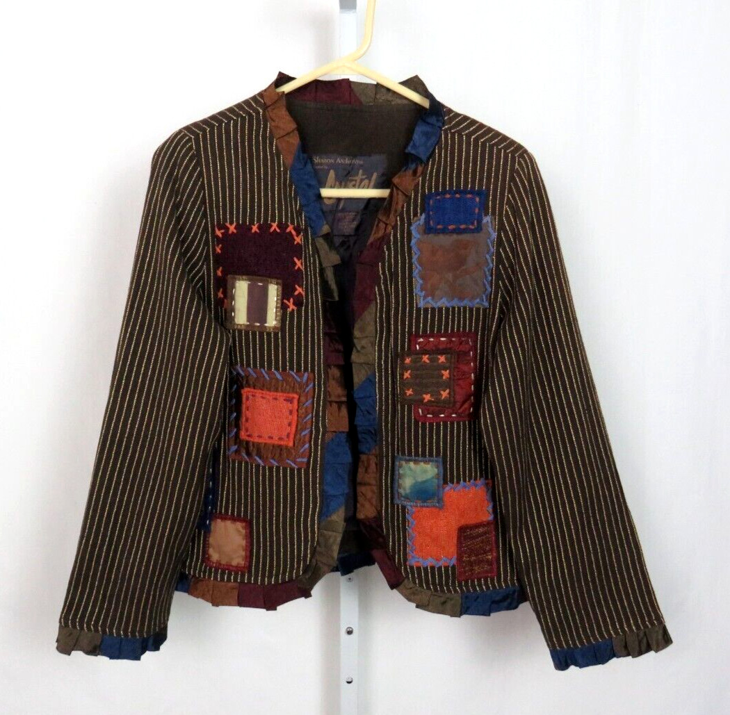 VTG 1990s 2000s SHARON ANTHONY BY CRYSTAL STRIPED PATCHWORK JACKET SIZE MEDIUM