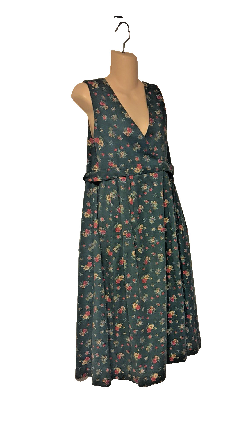 Vintage 80s LAURA ASHLEY Green Floral Dress Pinafore Jumper Side Ties SZ 8 USA