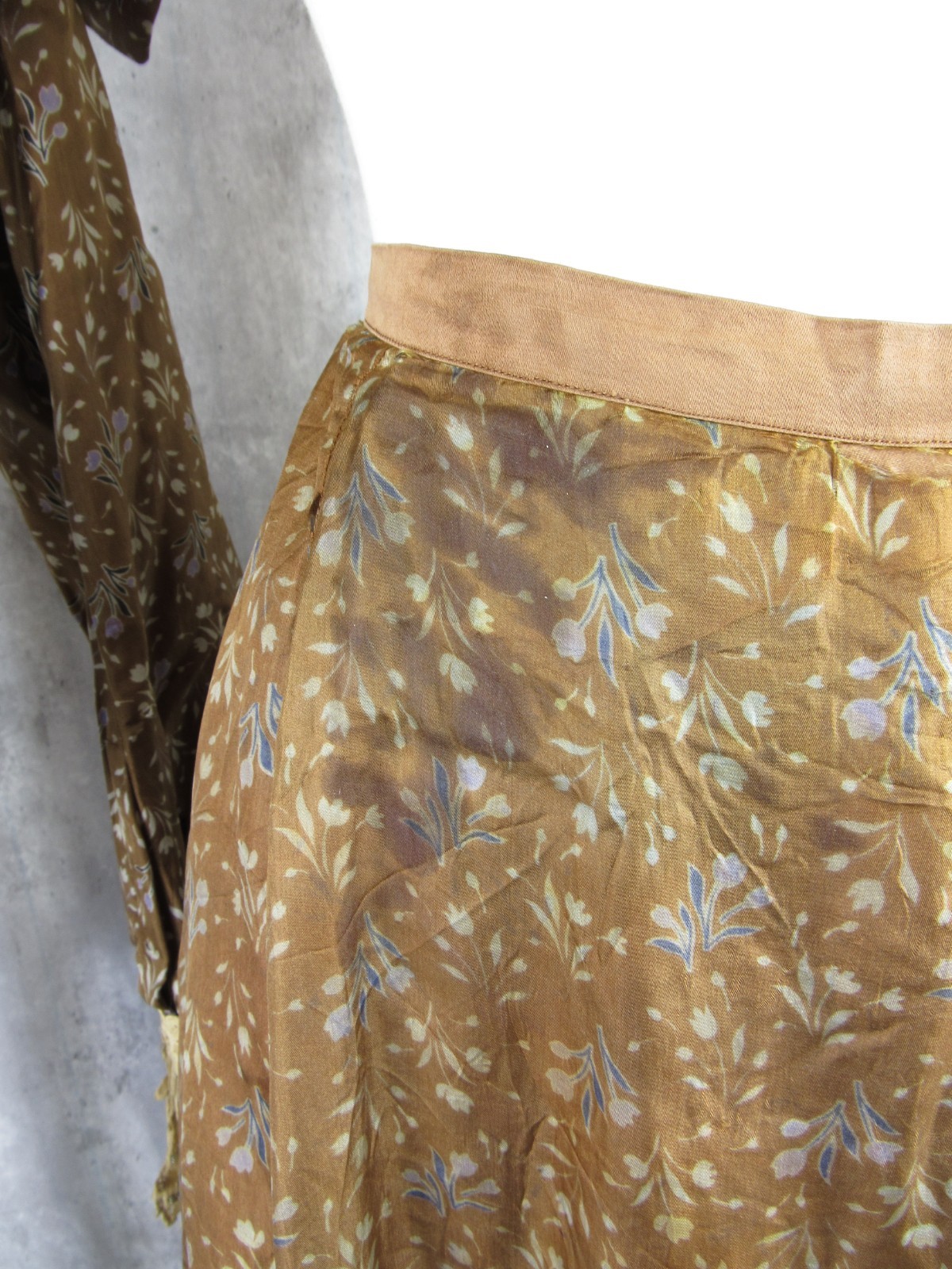 Antique Victorian 1890s Brown & Blue Silk Floral Calico Print Dress Maxi Vintage