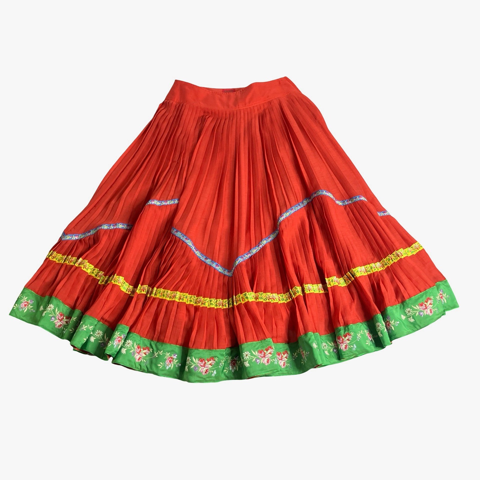 Vintage Kenzo Paris Pleated Skirt Women 40 Red Floral Embroidered Made In France