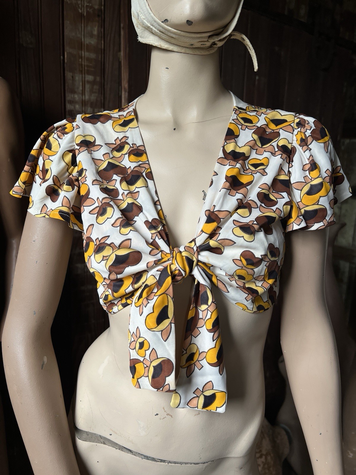 Vintage 70s Wrap Blouse Top Sunflower Hippie Tie Cap Sleeve Summer Poly