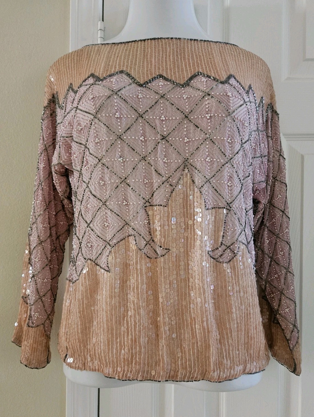 Unbranded Vintage 80s Beaded Sequin 100% Silk Formal Top Blouse Salmon Pink M