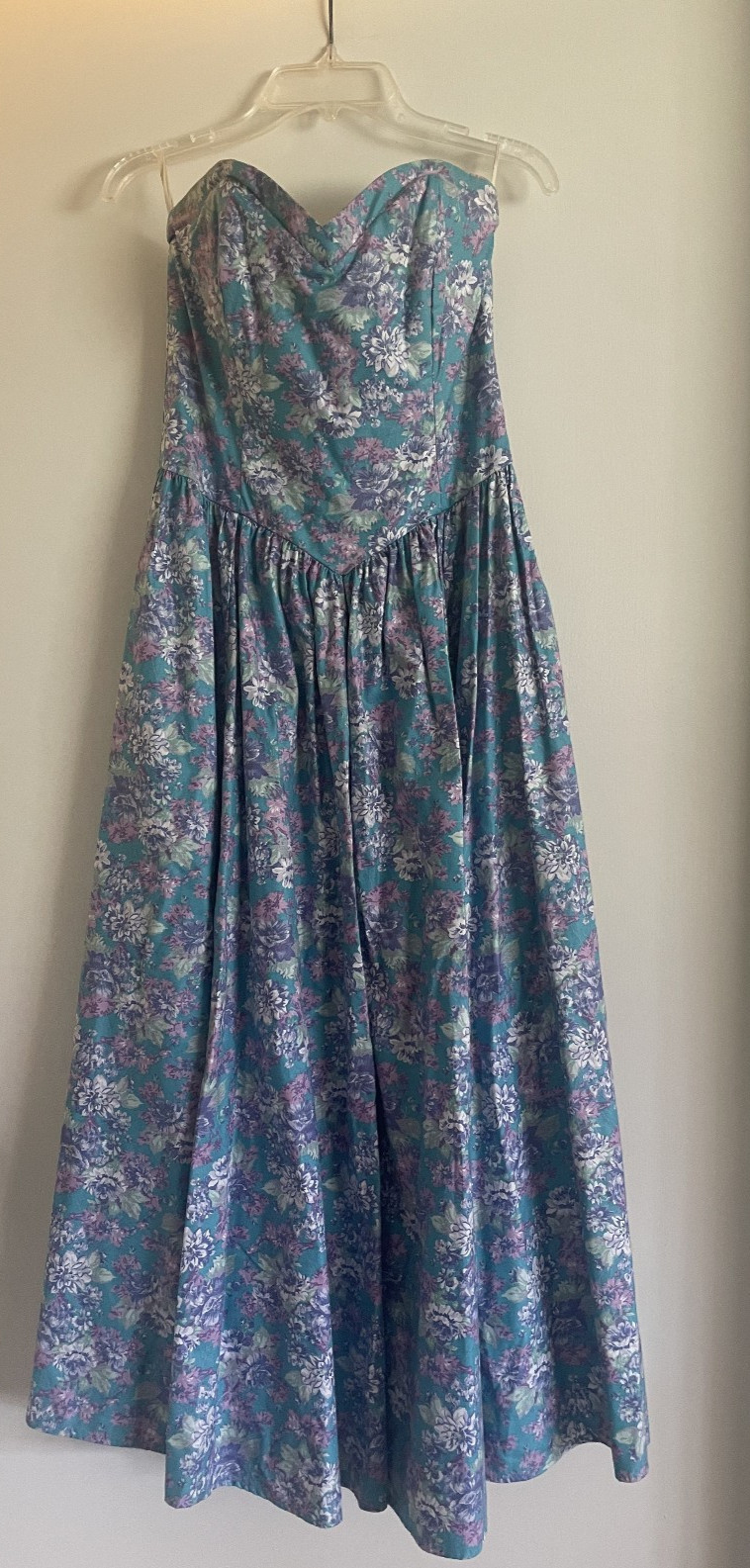 Laura Ashley Vintage 90s Floral Strapless Dress Aqua Purple US Sz 10 runs small