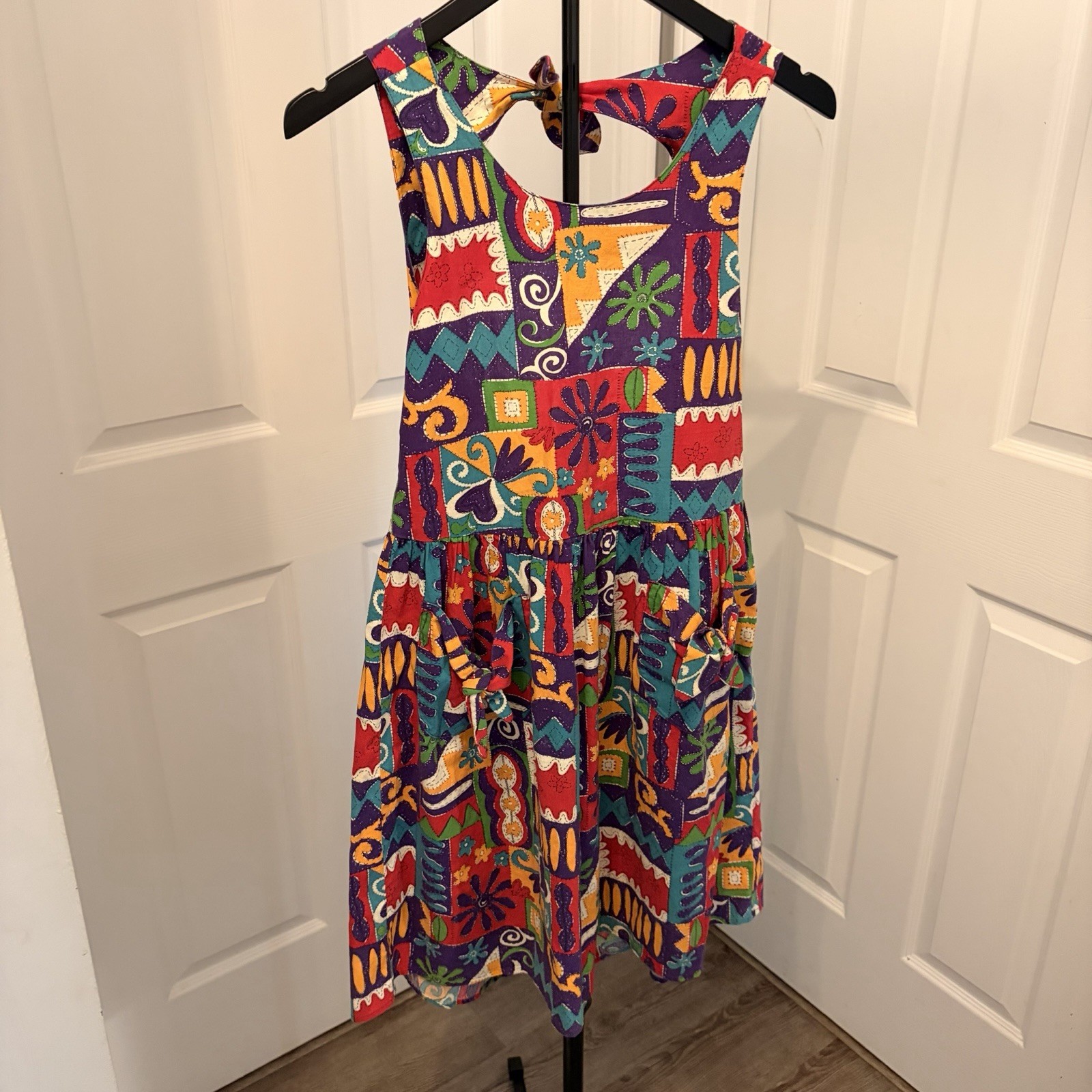 Vintage Gap 80s Abstract Geometric Patchwork Sundress Pockets Kidcore Eclectic L