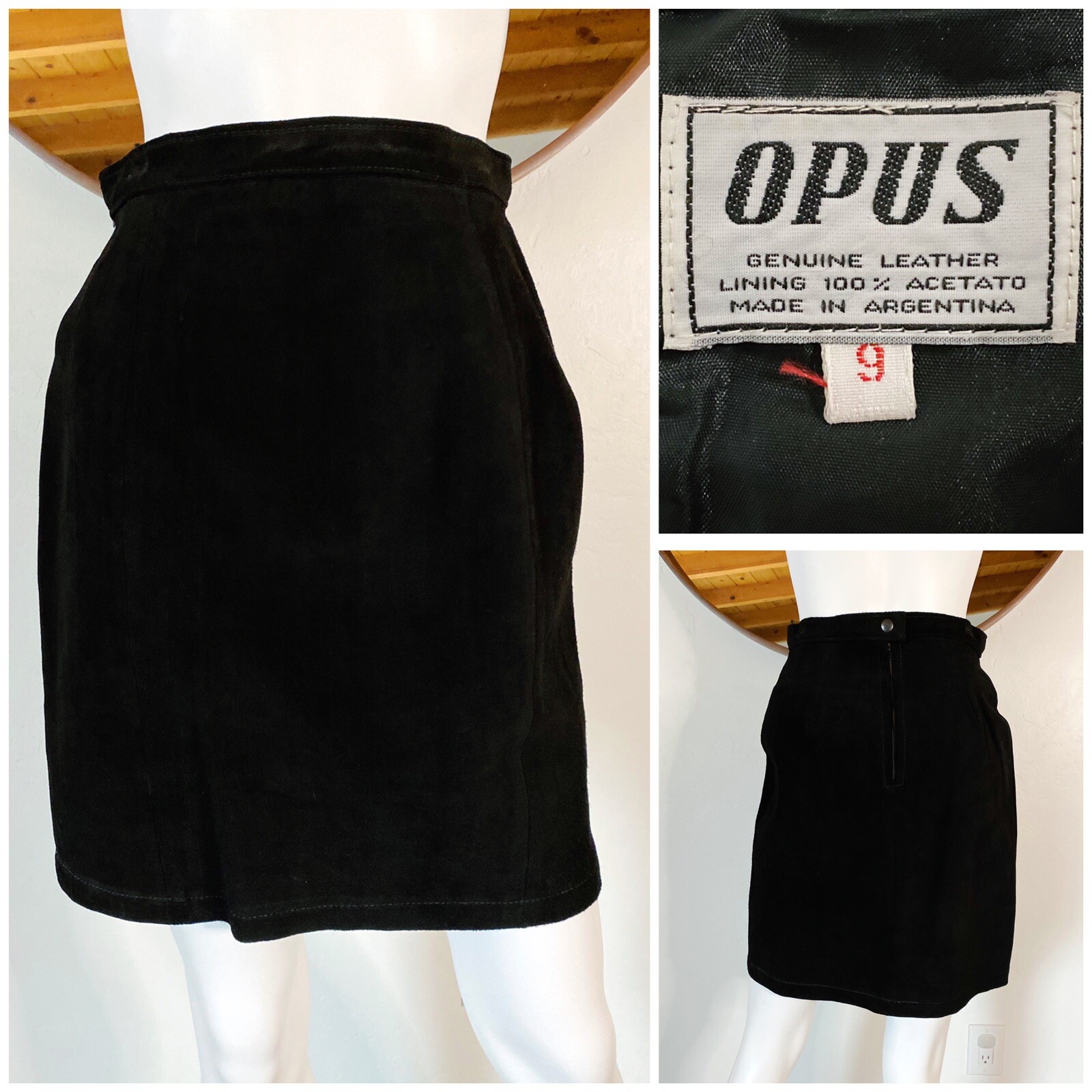 VTG 90&rsquo;S OPUS BLACK GENUINE SUEDE LEATHER STRAIGHT MINI SKIRT 9 FITS XS 25.5&Prime; W