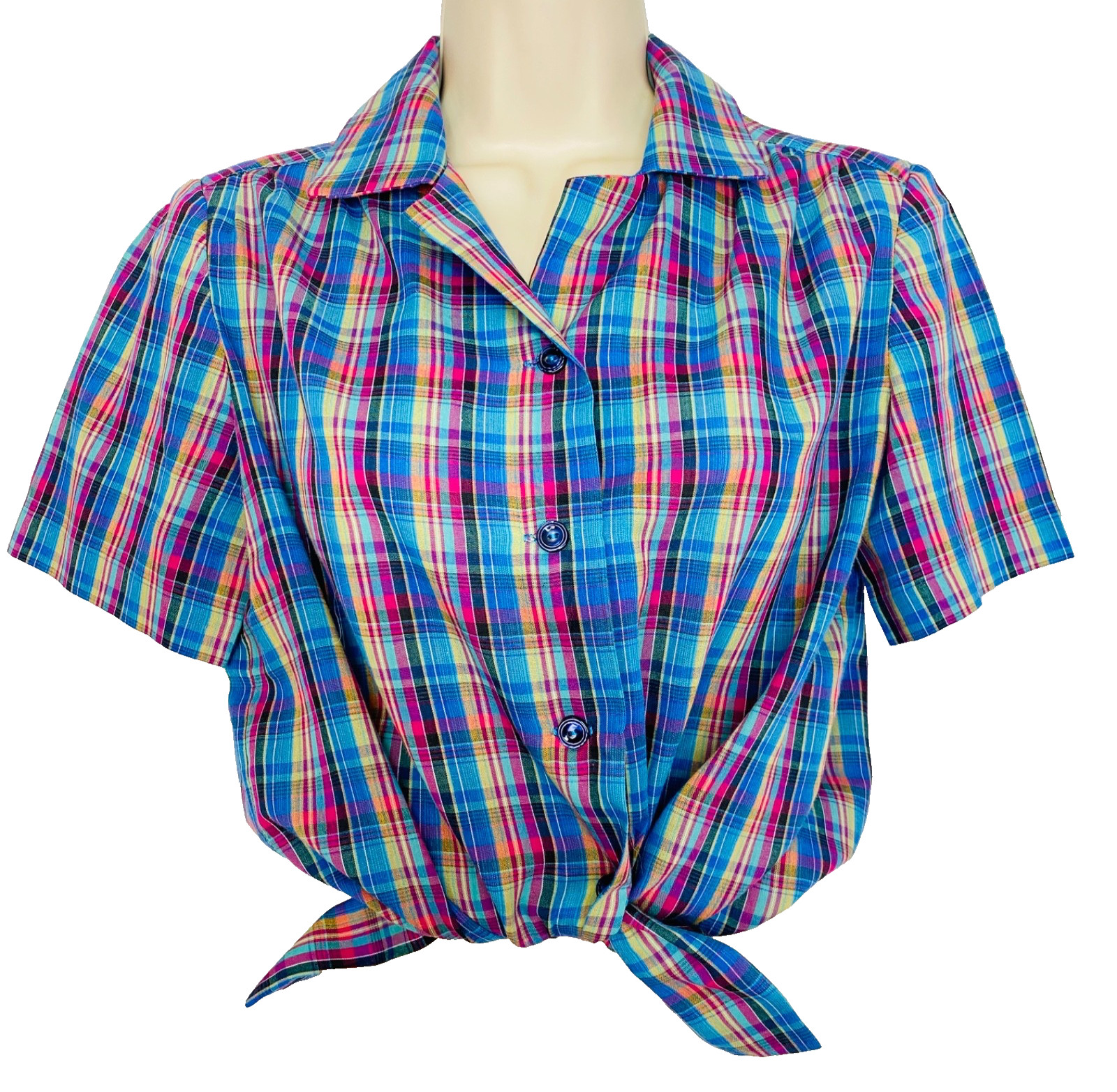 Vintage 1970s blue plaid blouse pink short sleeve collar cotton blend shirt top