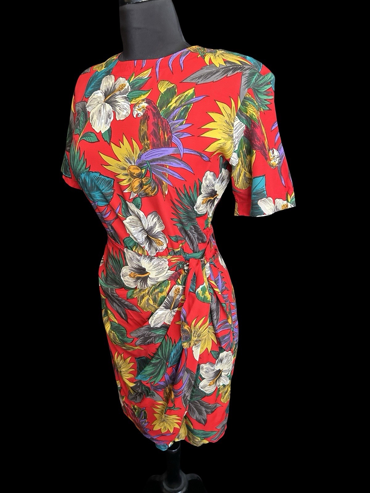 Vintage 1980s 80s Hawaiian Floral Parrot Print Rayon Dress Carol Anderson XL