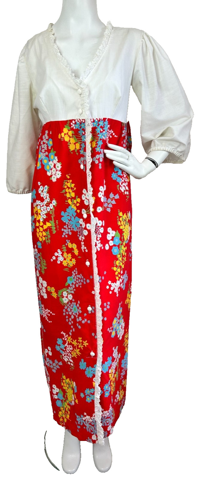 70s Floral Maxi Cottagecore Dress Size Medium Red Button Up V-Neck Vintage