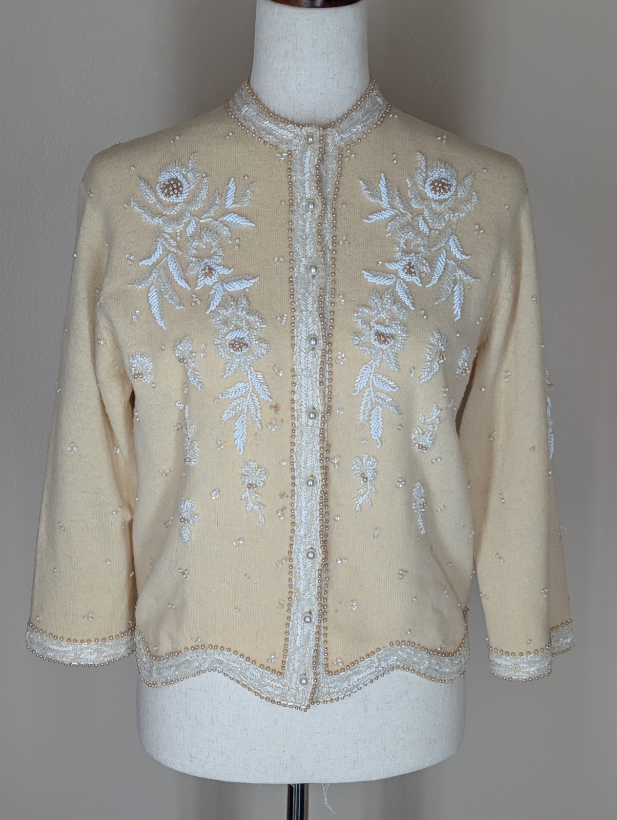 Vintage 1950s Hand Beaded Cardigan Cream With White Floral Beading Size Small