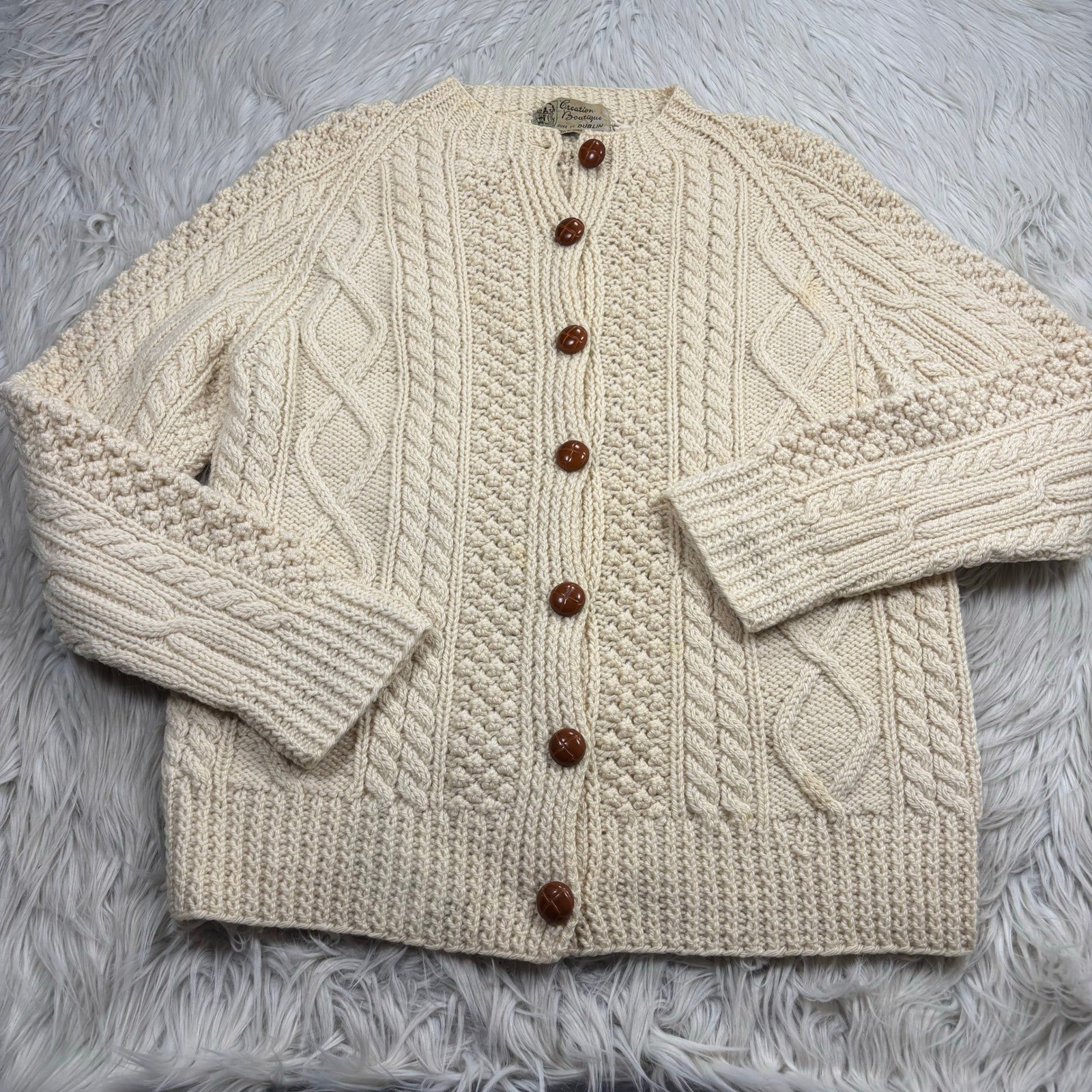 Vintage Creation Boutique Dublin M Hand Knit Wool Cardigan Button Cable-Knit