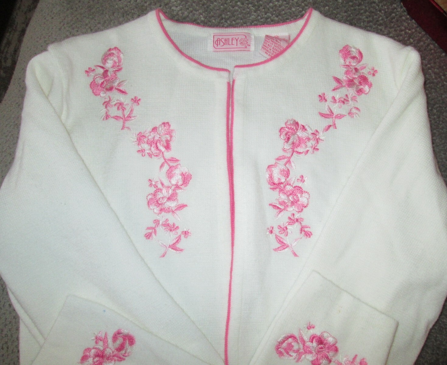 vintage embroidered Ashley sweater size medium white with pink flowers