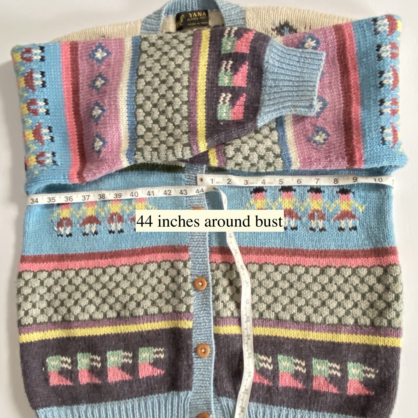 100% Alpaca Wool $250 Vintage Peruvian Cardigan Handmade by Yana, SZ L/XL, EUC