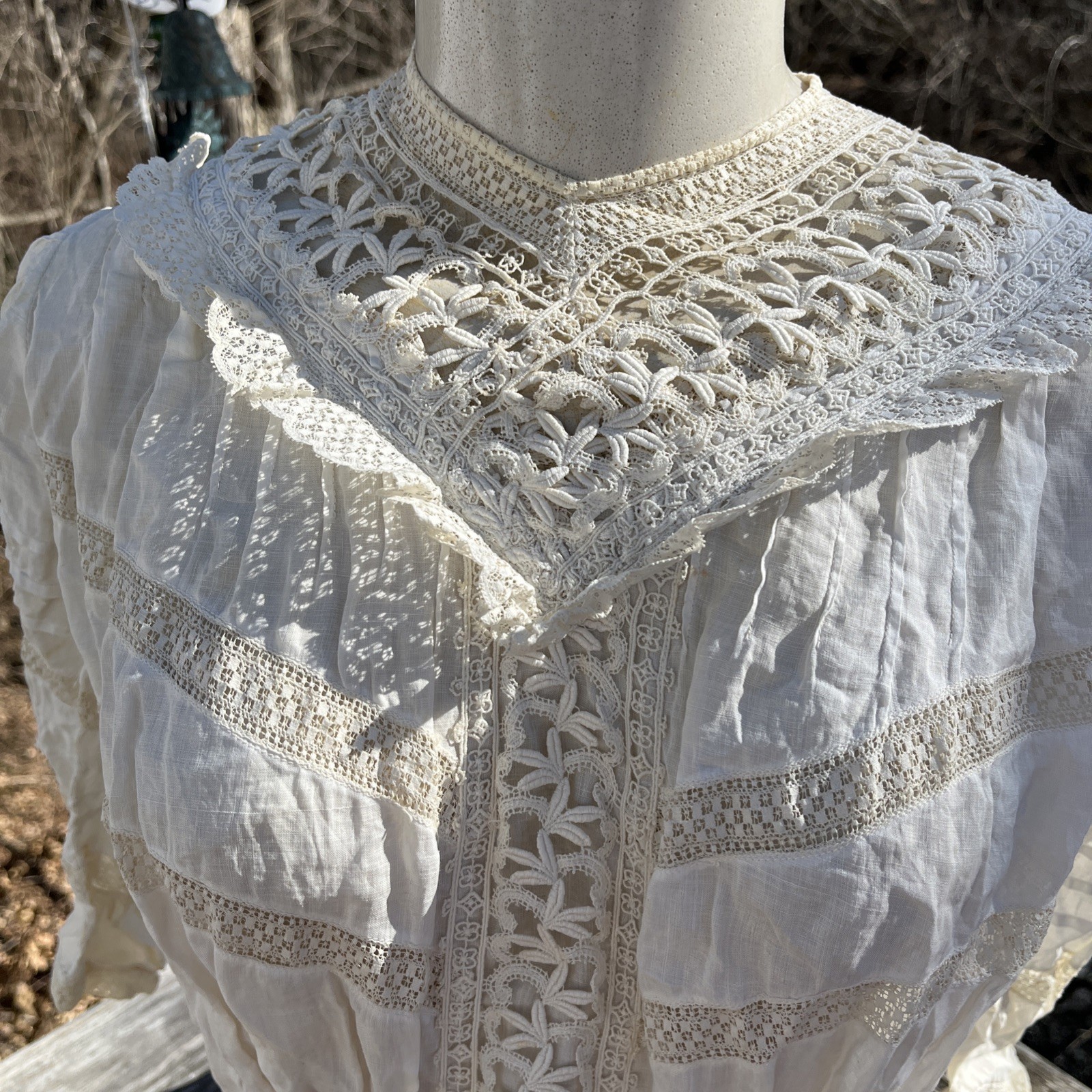 Authentic Edwardian Off White Cotton Lawn Dress c.1900 Lace Pintuck Button Back