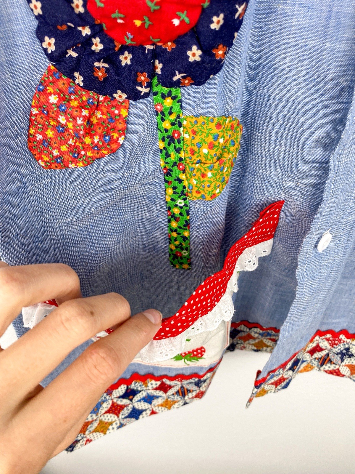 VTG 70s Chambray Patchwork Shirt Calico Flower Strawberry Applique RickRack L
