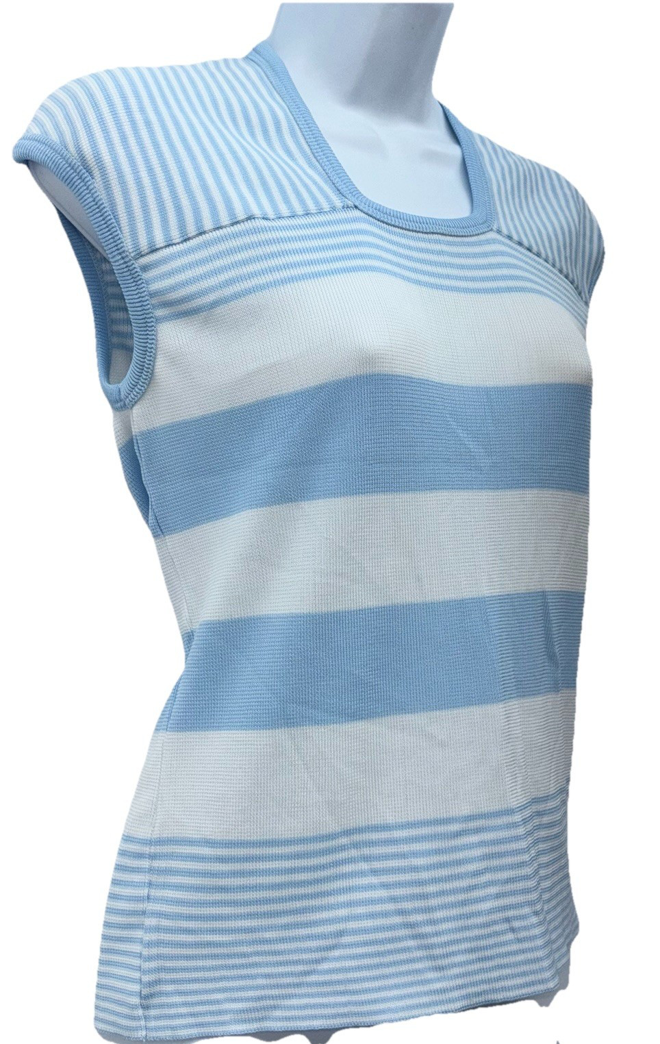 Vintage 70s Joyce Women Size XL Pullover Sleeveless Knit Top Blue/White Stripes