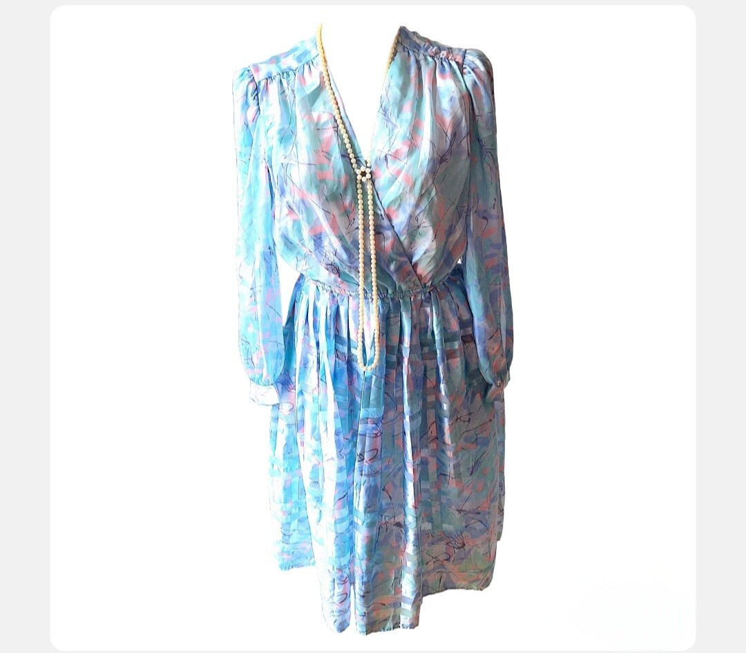 Vtg Dress FLORAL Long Sleeve Semi sheer MULTICOLOR Sz 8