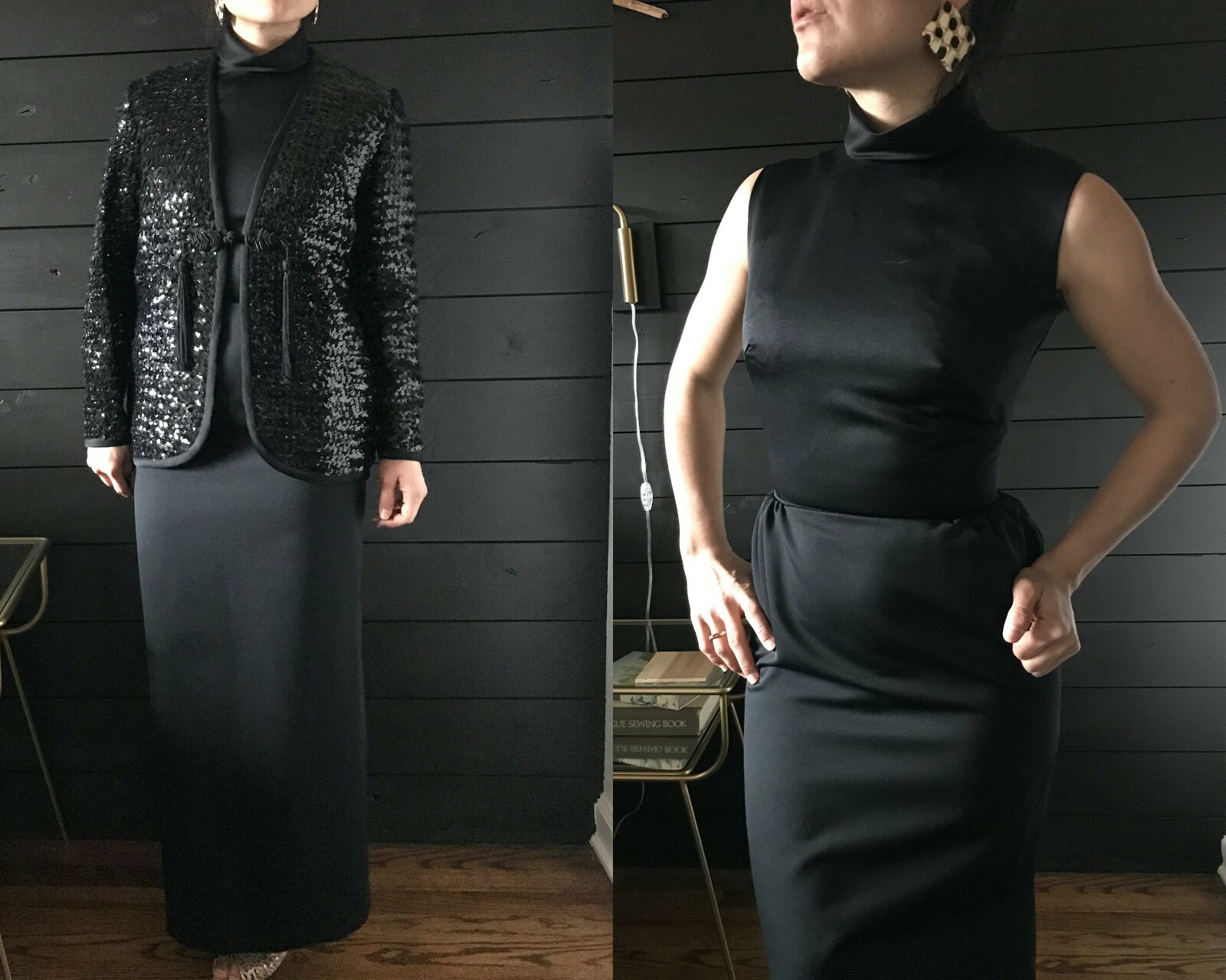Vintage 1960s Black Sequin Jacket and Maxi Dress Set XS Evening Glam