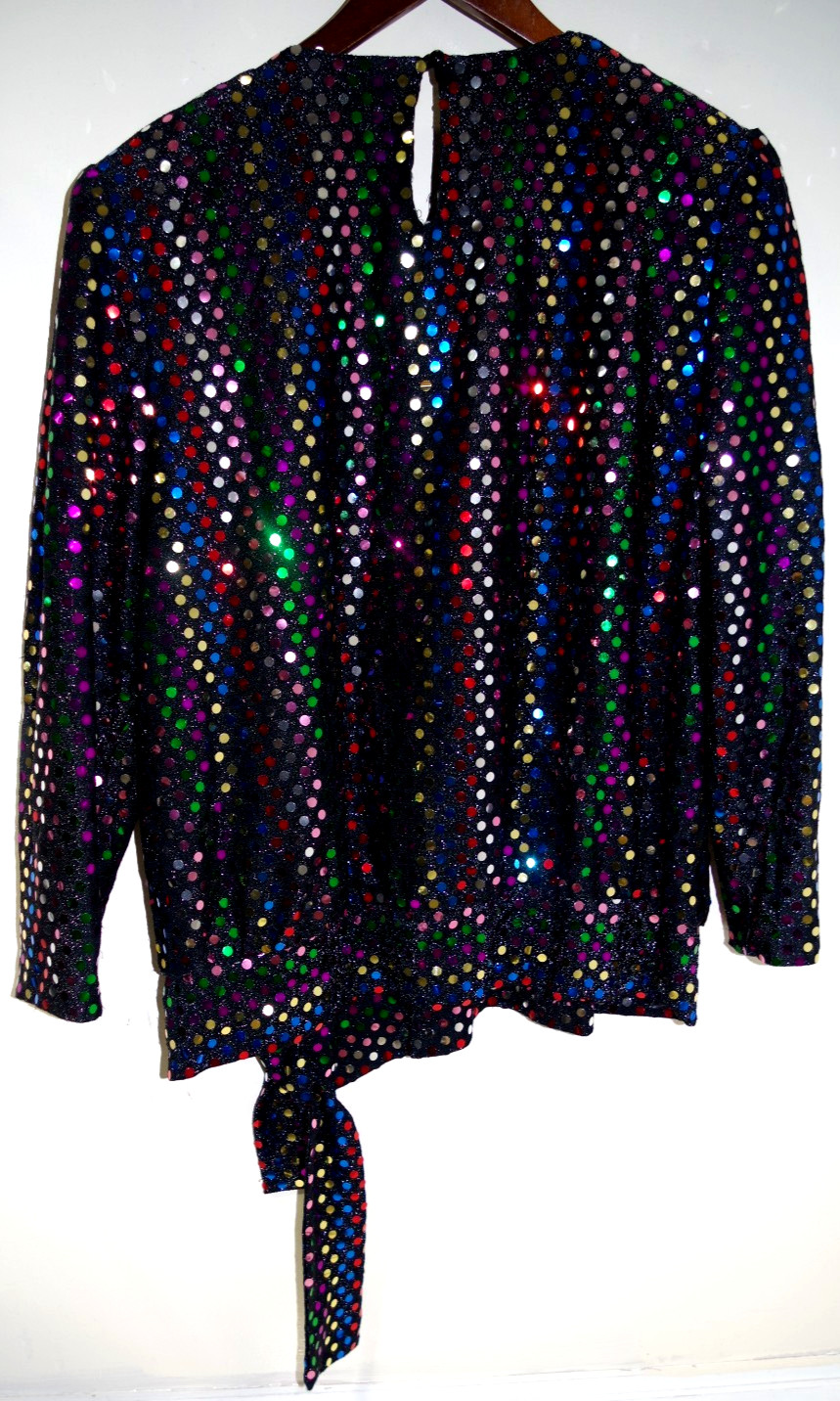 R2 – Another Thyme Top Vintage 20 Multicolor Dots Black Stretch Metallic Blouse