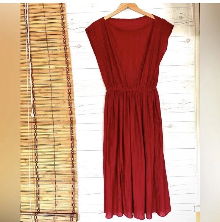 Vintage Handmade Dress Crepe Crimped Red Elastic Waist Cap Sleeve Small