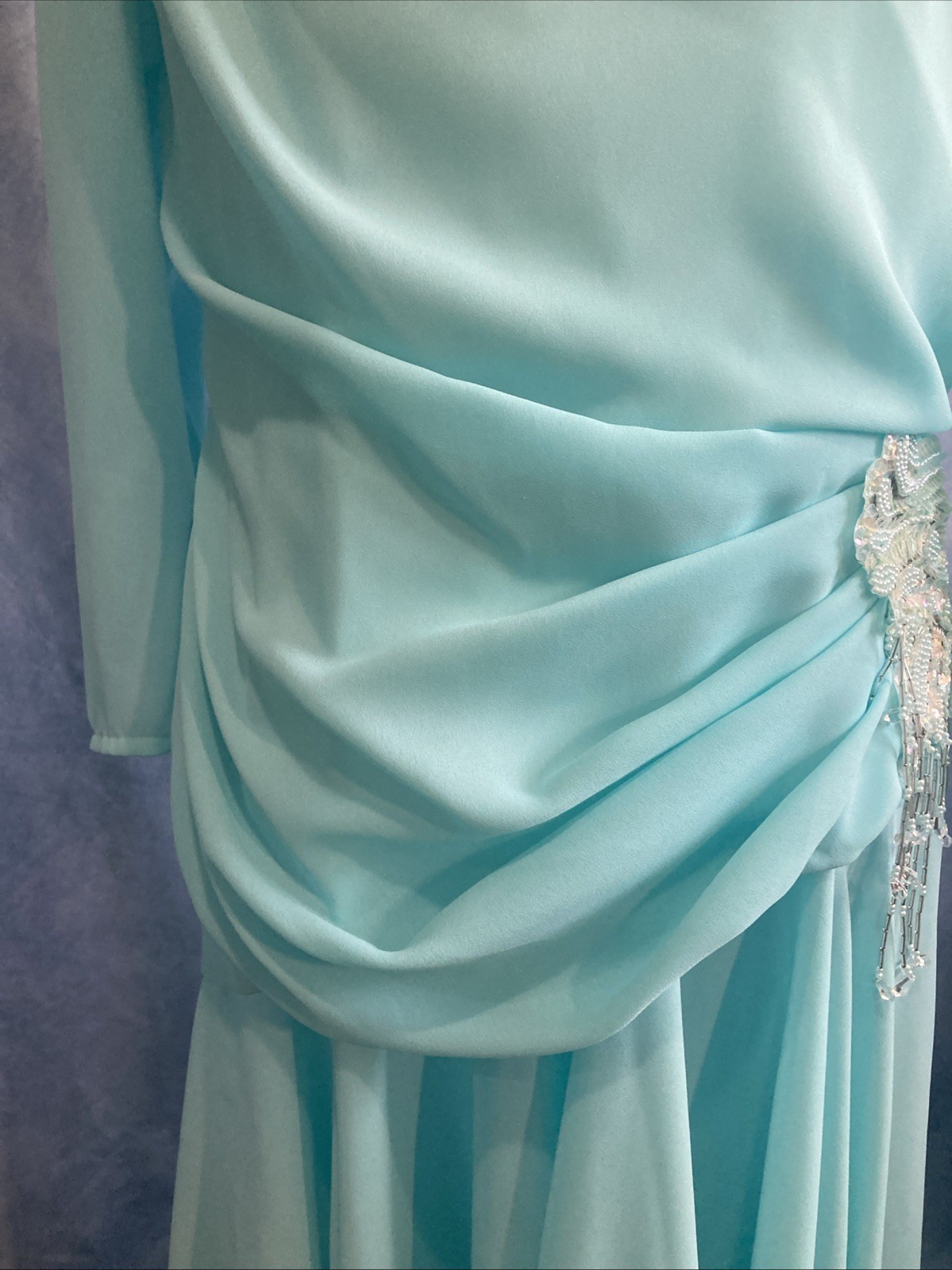 VTG 80s Abby Kent Aqua Mint Beaded Draped Cocktail Dress Ruched Fit Modern Small