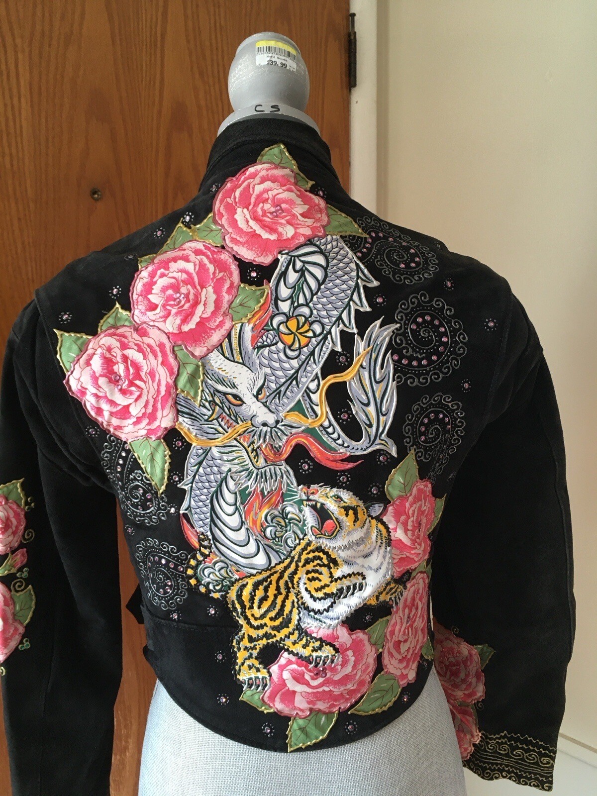 Vtg 90s Ed Hardy Style Grunge Dragon Tiger Biker Moto Suede Black Jacket XS S